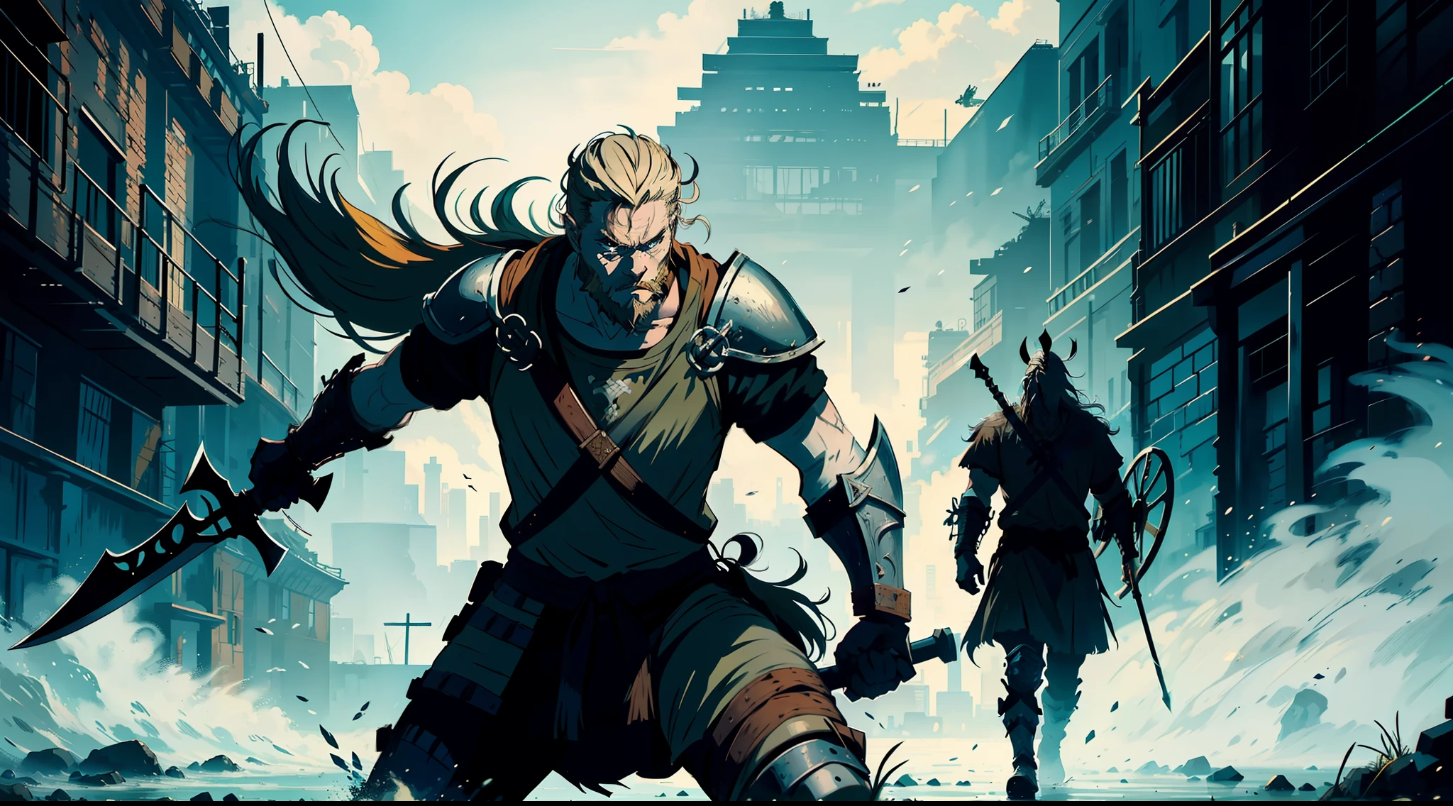 A depiction of a fierce Viking warrior, clad in battle gear and holding a mighty axe, representing the bravery and strength of Ragnar and his crew.