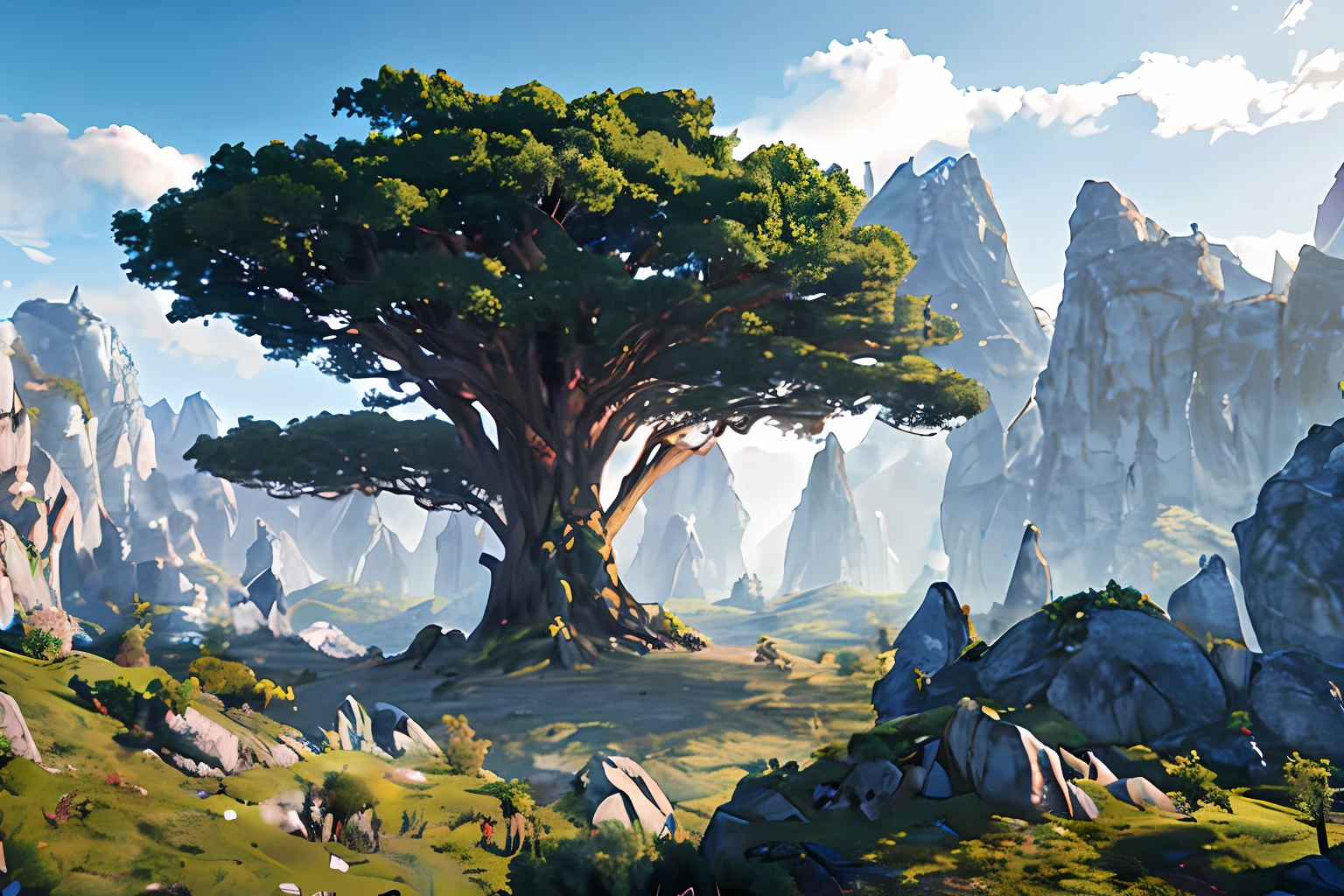 The giant tree on the left has circular scars on it
,I climbed up the rock platform on the right
,There are higher rock hills in front of the trousers
,A strangely cute cow in the far left side