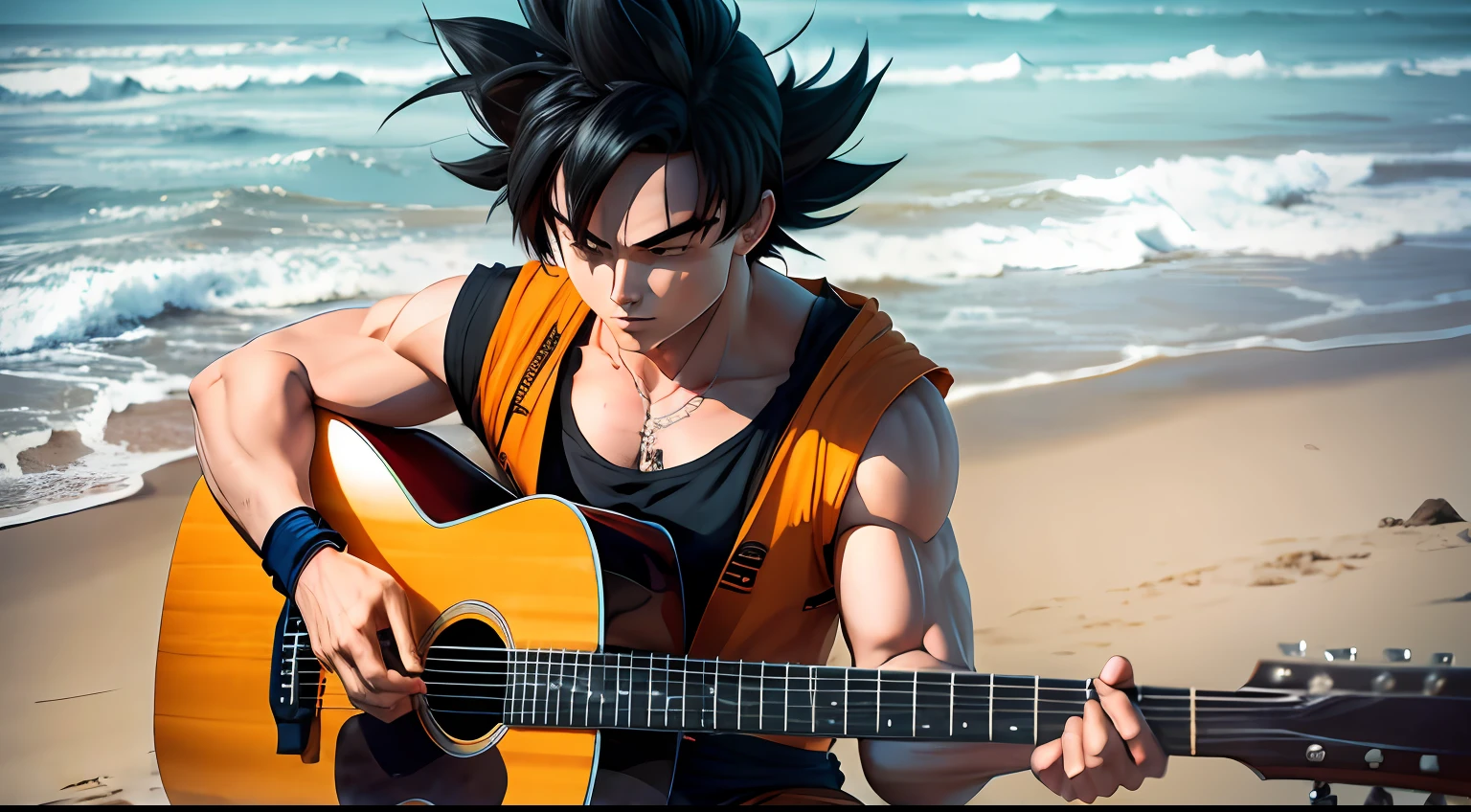 Goku com guitarra na praia