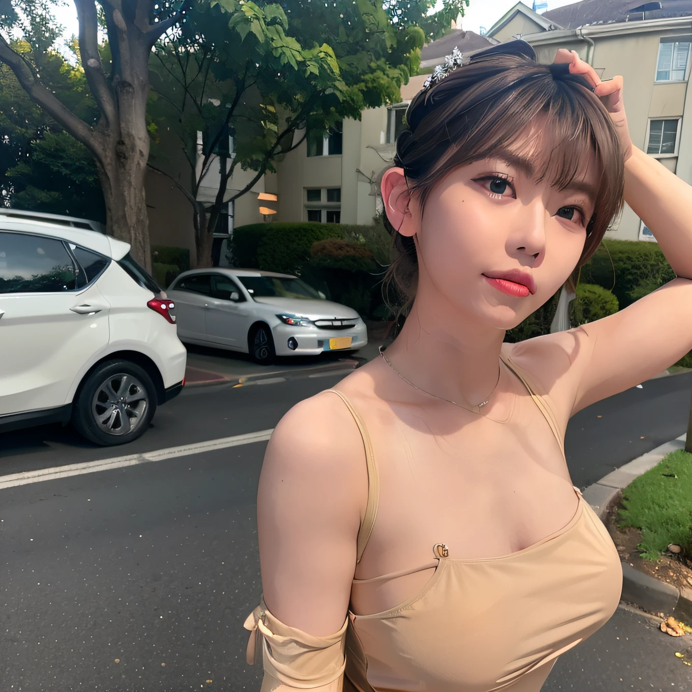 (8K, RAW photo, Best quality, Masterpiece:1.2), (Realistic, photo-realistic:1.37), Best quality, 超高分辨率, nfsw back lights, light leaks, Dynamic lighting, Slim, Smooth skin, (PureErosFace_V1:1), Bond, navel, Kpop idol, (Beautiful detailed eyes:1),(Beautiful detailed face:1),(freebuffing:1.2), Outdoors, Ulzzang-6500, 1girll, standing, Upper body, (:1.2), , from the front side, Front view, view the viewer, Huge breasts, arms back behind, street, Sunlight,