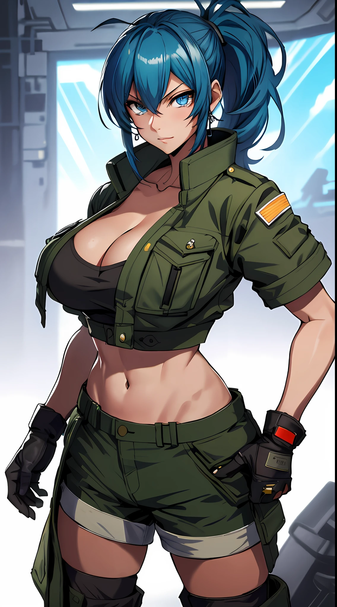 tmasterpiece,, Best quality at best, A high resolution, 1girl, leona heidern, Blue hair, eBlue eyes, pony tails, green shorts, cleavage，hason, crop top, Black gloves, nedium breasts, army suit, Green jacket, 耳Nipple Ring, jewelry, nabel, huge tit, cow boy shot，