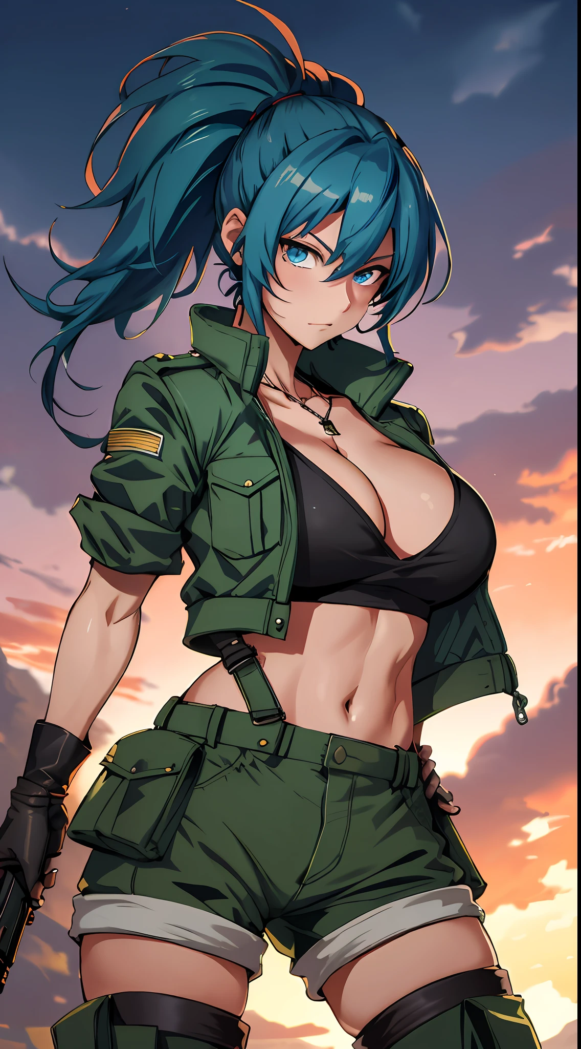 tmasterpiece,, Best quality at best, A high resolution, 1girl, leona heidern, Blue hair, eBlue eyes, pony tails, green shorts, cleavage,hason, crop top, Black gloves, nedium breasts, army suit, Green jacket, 耳Nipple Ring, jewelry, nabel, huge tit, cow boy shot,
