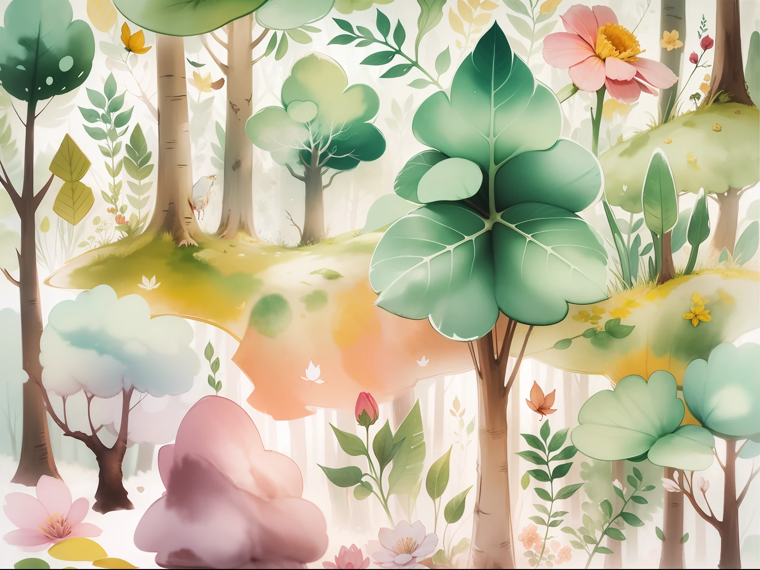 um bosque encantado, tema infantil, em aquarela