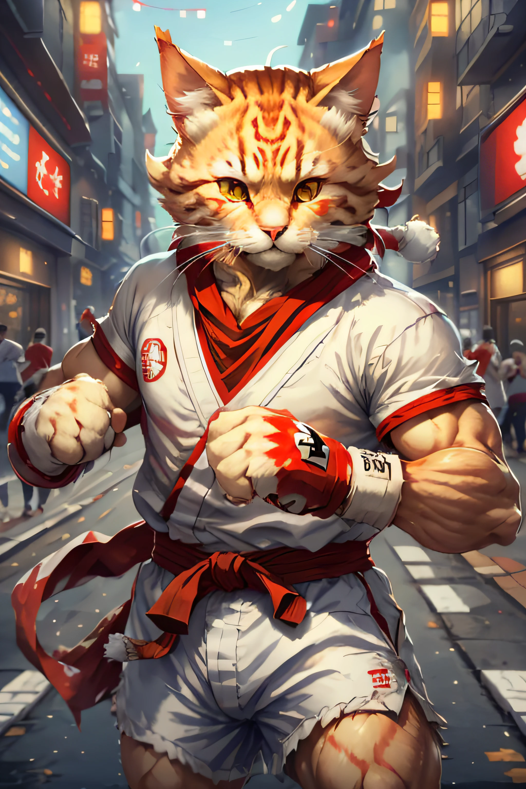 c4ttitude, wearing white karate outfit, red bandana, focusing energy, street fighter