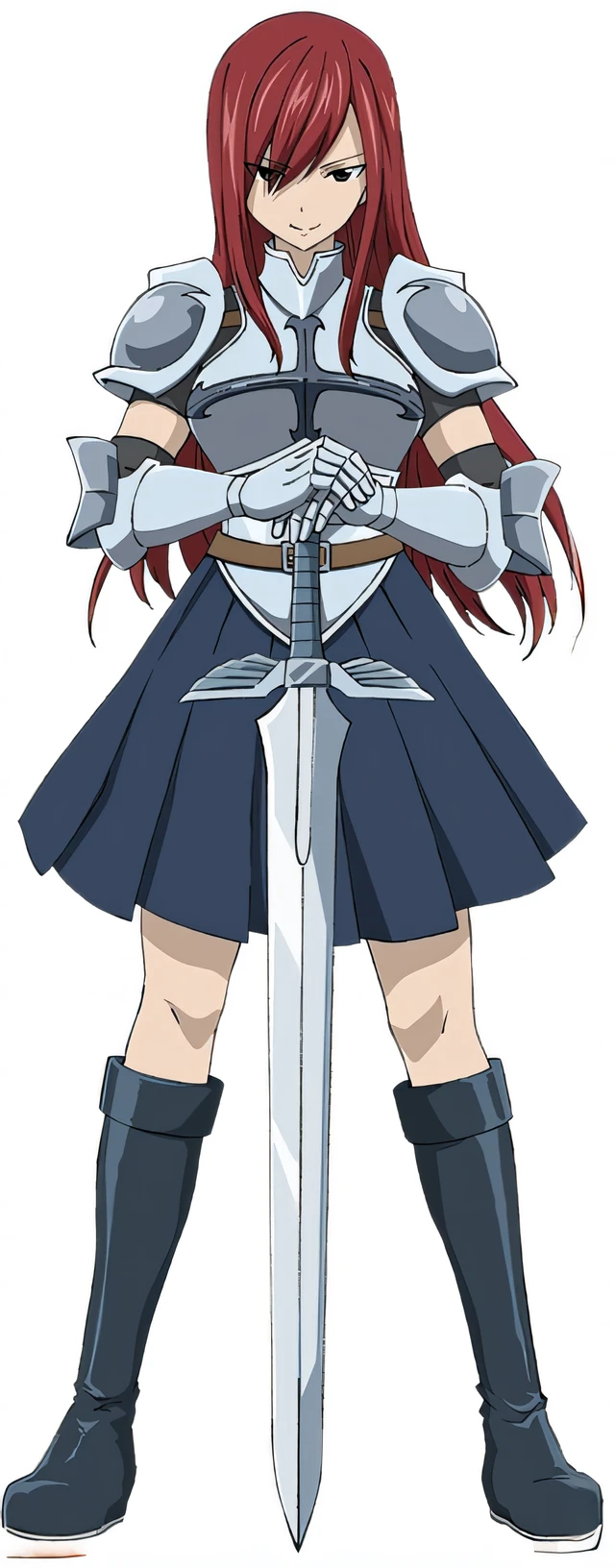 uma mulher de saia e botas segurando uma espada, Erza Scarlet como uma pessoa real, female redhead templar, she is holding a sword, com armadura prateada elegante, com espada grande, Menina da armadura, armadura branca brilhante, com armadura de metal prateado elegante, segura uma espada, Rias Gremory, cavaleiro feminino, Makise Kurisu, armadura branca, fundo dentro de um castelo