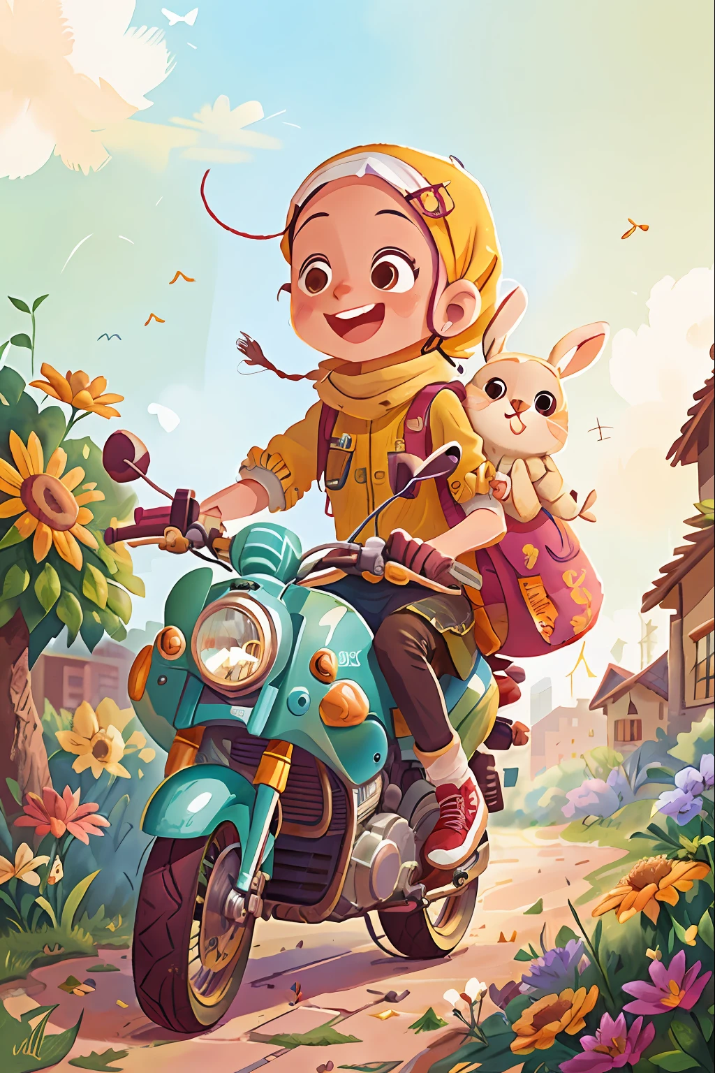 Watercolor. Hijab girl ride motorcycles, city, smiling, very cheerful, running, with her rabbit, full body, garden with flowers, sunny, perfect quality, (masterpiece: 1.2) (Realistic: 1.2) (Bokeh) (Best quality) (Detailed Skin: 1.3) (Intricate Details) (8K) (Detail Eyes) (Sharp Focus), (Happy)