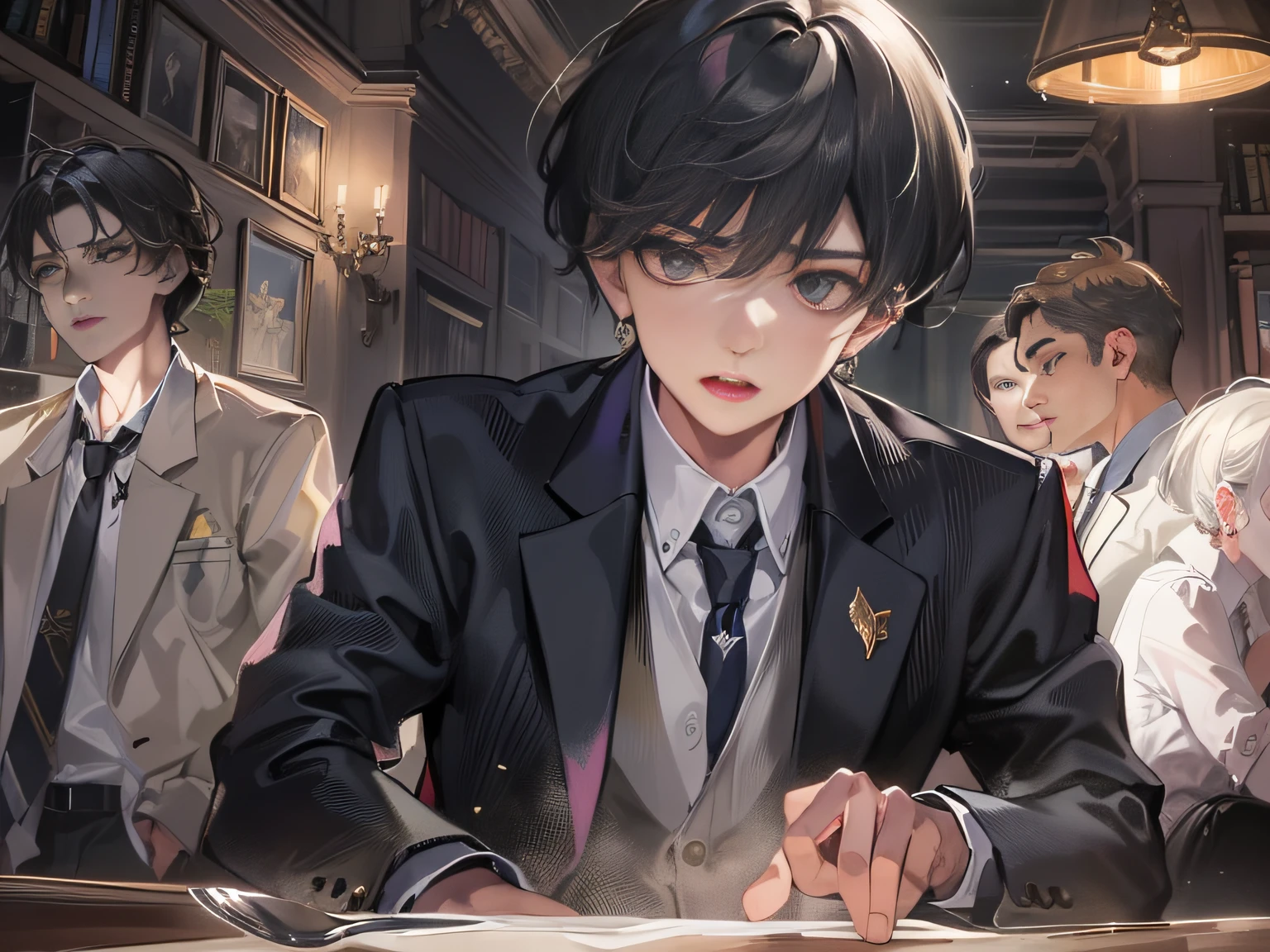 A 20-year-old boy with short black hair and a suit,irate,Shouted,Upper body display,At the table,grand master,tmasterpiece,8k wallpaper,CG,Ultra-high image quality,light and shadow effect