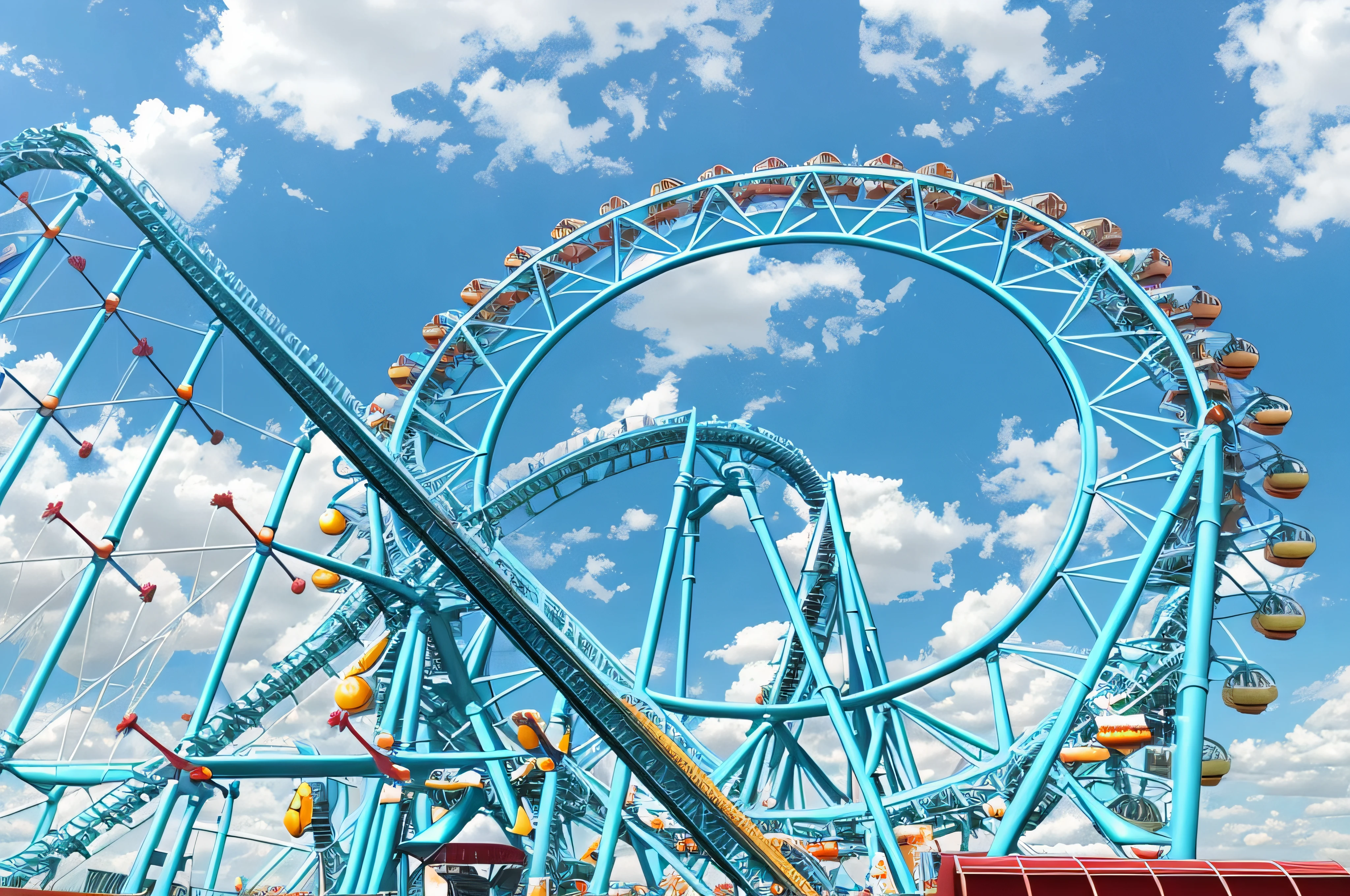 Alafe roller coaster in the park with blue sky and clouds, Amusement park attractions, amusement park, theme park, the Ferris wheel, rollercoaster, rollercoaster, Roller coaster, Amusement park buildings, rides, Post-apocalyptic theme parks, the photo shows a large, ( the Ferris wheel ), amusement park interior design, Crazy Racer Spinning, stratosphere, A charming