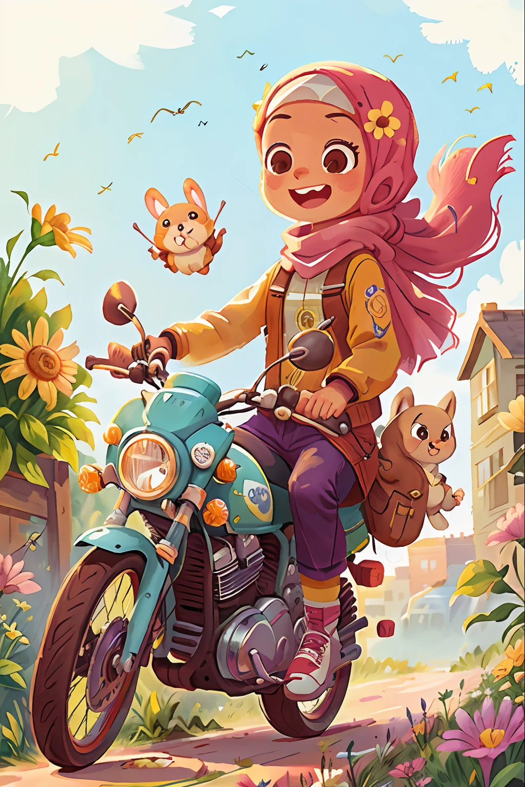 Watercolor. Hijab girl ride motorcycles, city, smiling, very cheerful, running, with her rabbit, full body, garden with flowers, sunny, perfect quality, (masterpiece: 1.2) (Realistic: 1.2) (Bokeh) (Best quality) (Detailed Skin: 1.3) (Intricate Details) (8K) (Detail Eyes) (Sharp Focus), (Happy)