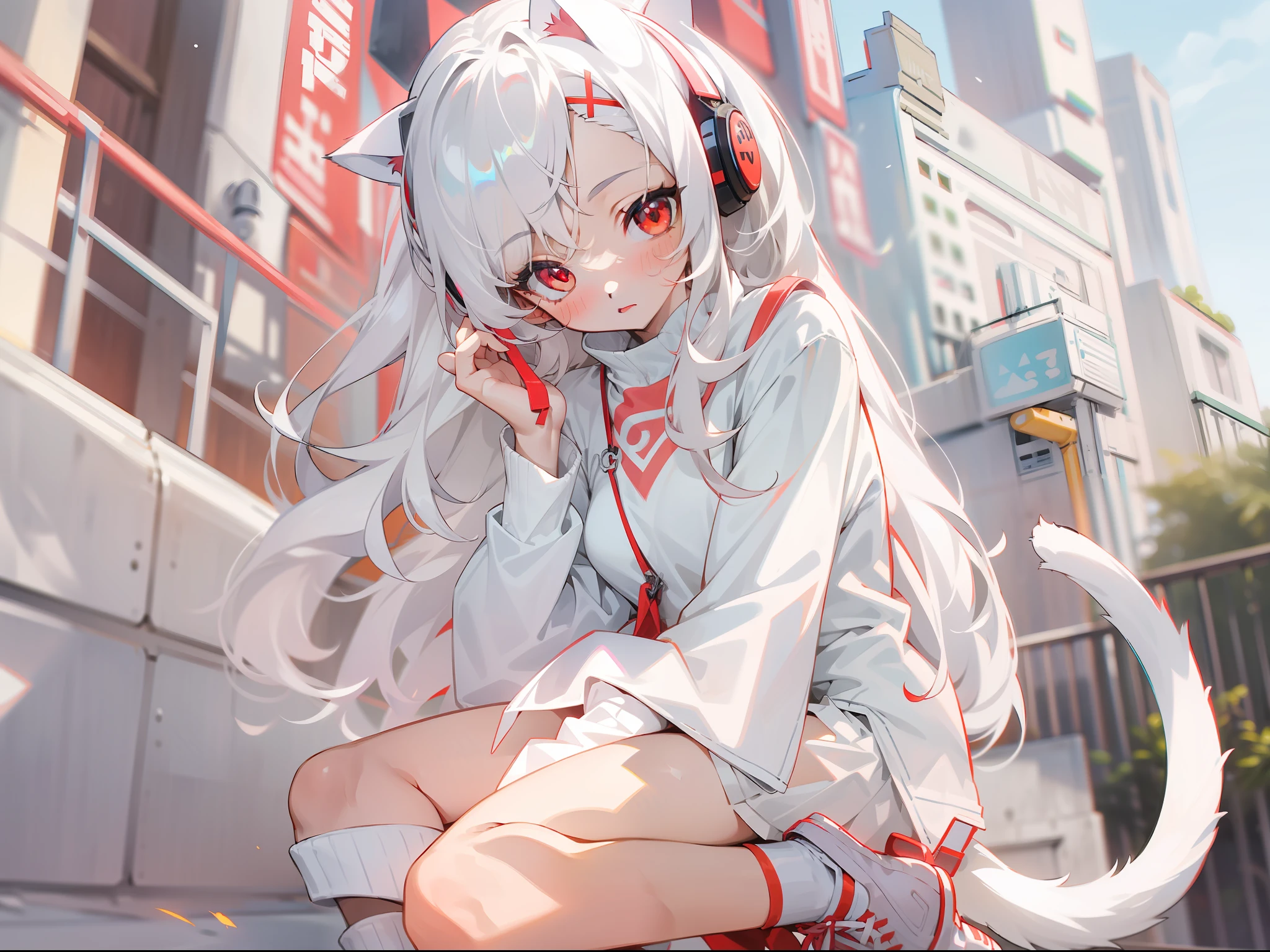 A teenage girl，cat ear，long  white hair，The hair ornament has an "S" on it，Wearing off-white clothes and a short white skirt，Wearing red headphones，Elongated red eyes，Leg rings are worn on the legs，Wear white over-the-knee socks and white sneakers