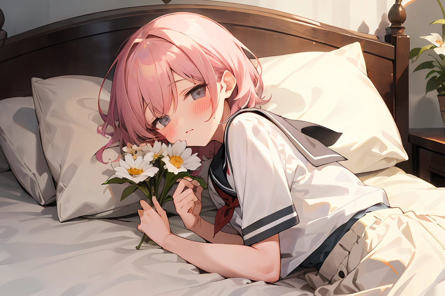 A school flower wearing JK's blush on the bed