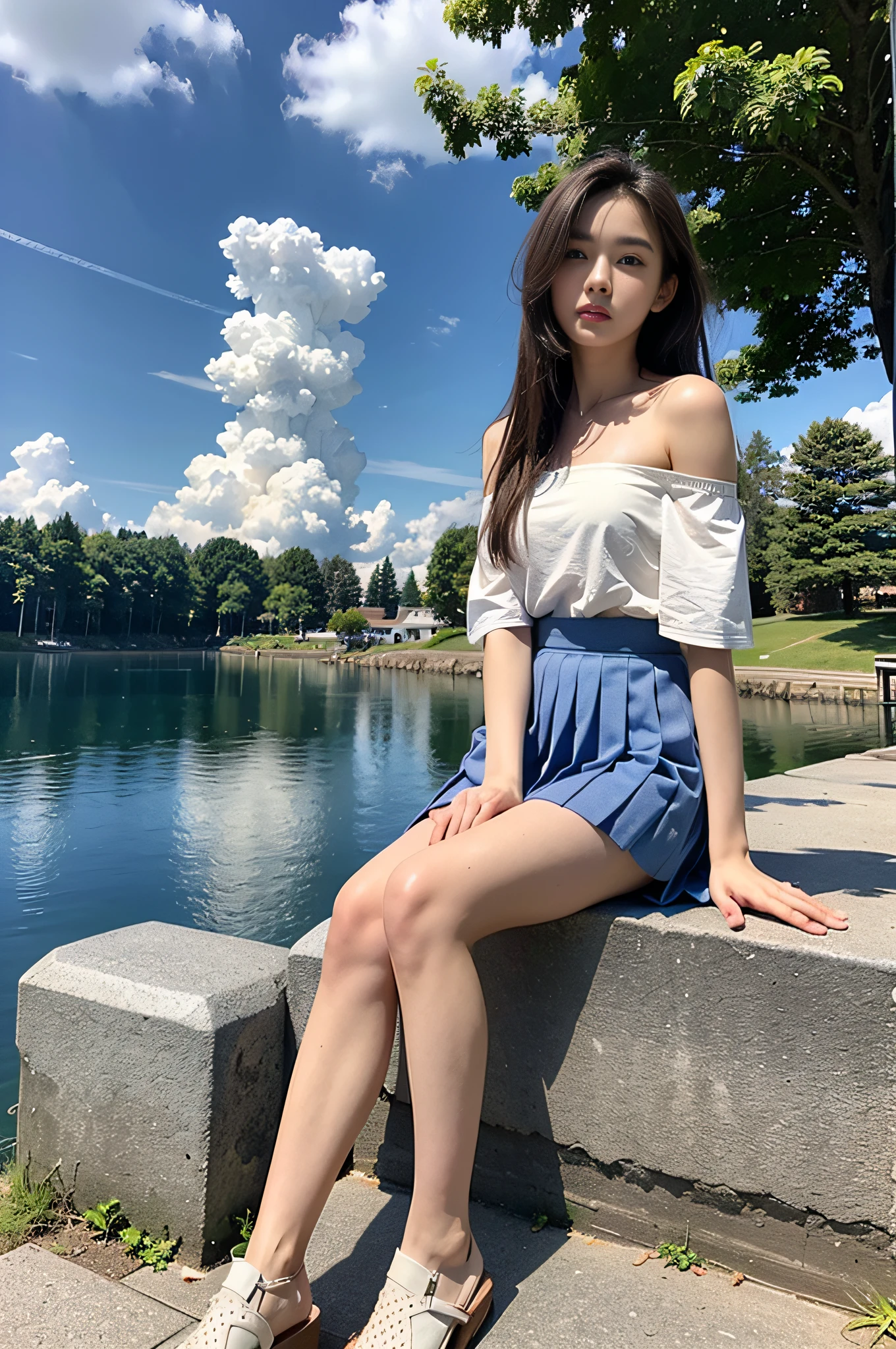 (8k, RAW photo, best quality, masterpiece: 1.2), (full body: 1.1), (short skirt off-the-shoulder: 1.2), (pleated skirt: 1.2), best quality, masterpiece, (small mouth: 1.2), an extremely delicate and beautiful, 8k wallpaper, amazing, fine details, masterpiece, best quality, (22 years old: 1.2), narrow waist, (bright blue sky and white clouds, campus, sitting, nature: 1.2), slim, cute, thick hair, soft hair, high contrast, Replenishing light, (shut up), beautiful, delicate eyes, (long hair: 1.2)