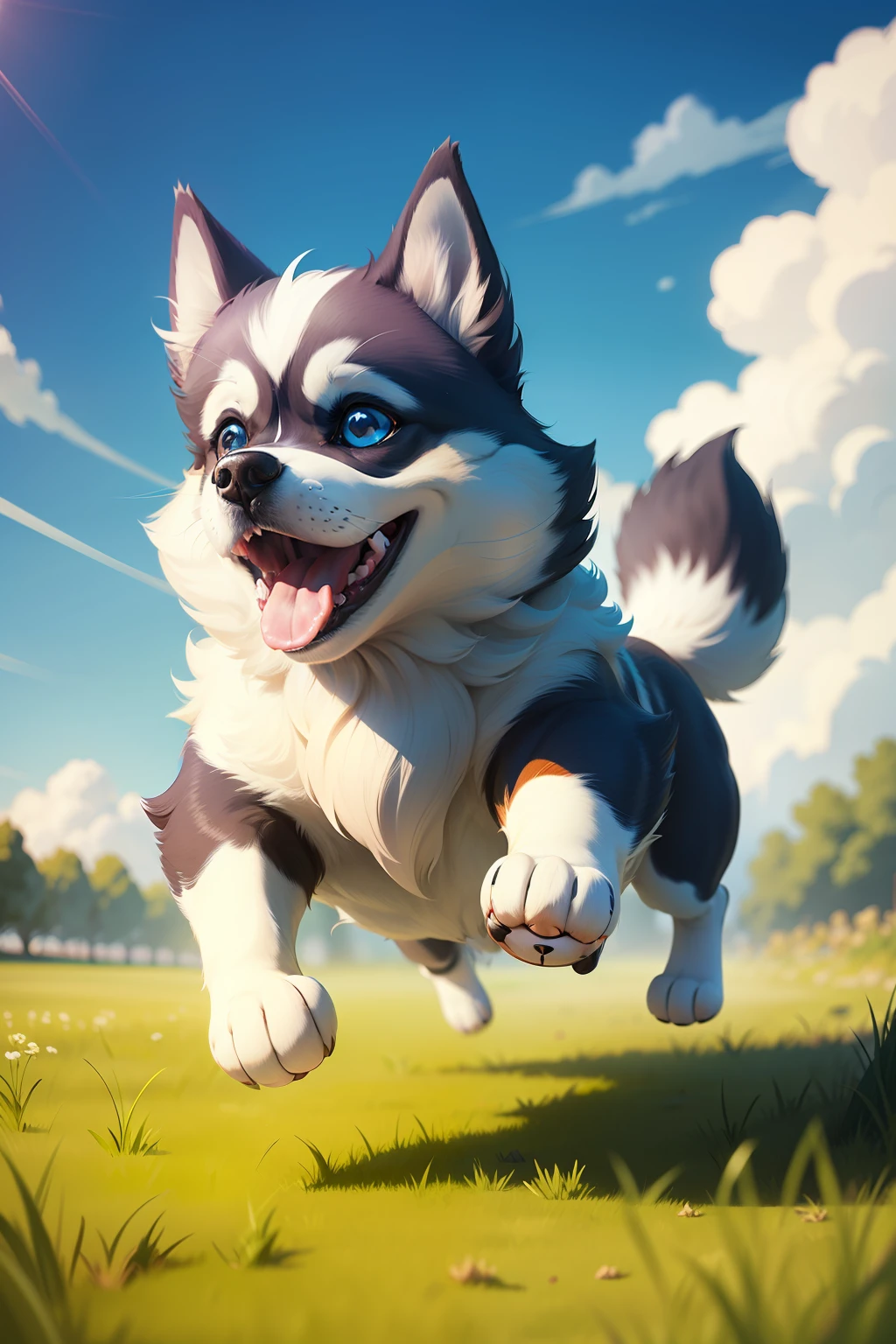 Cartoon drawing,Cartoon dog,Little Husky,happily running on the grass,Blue sky,