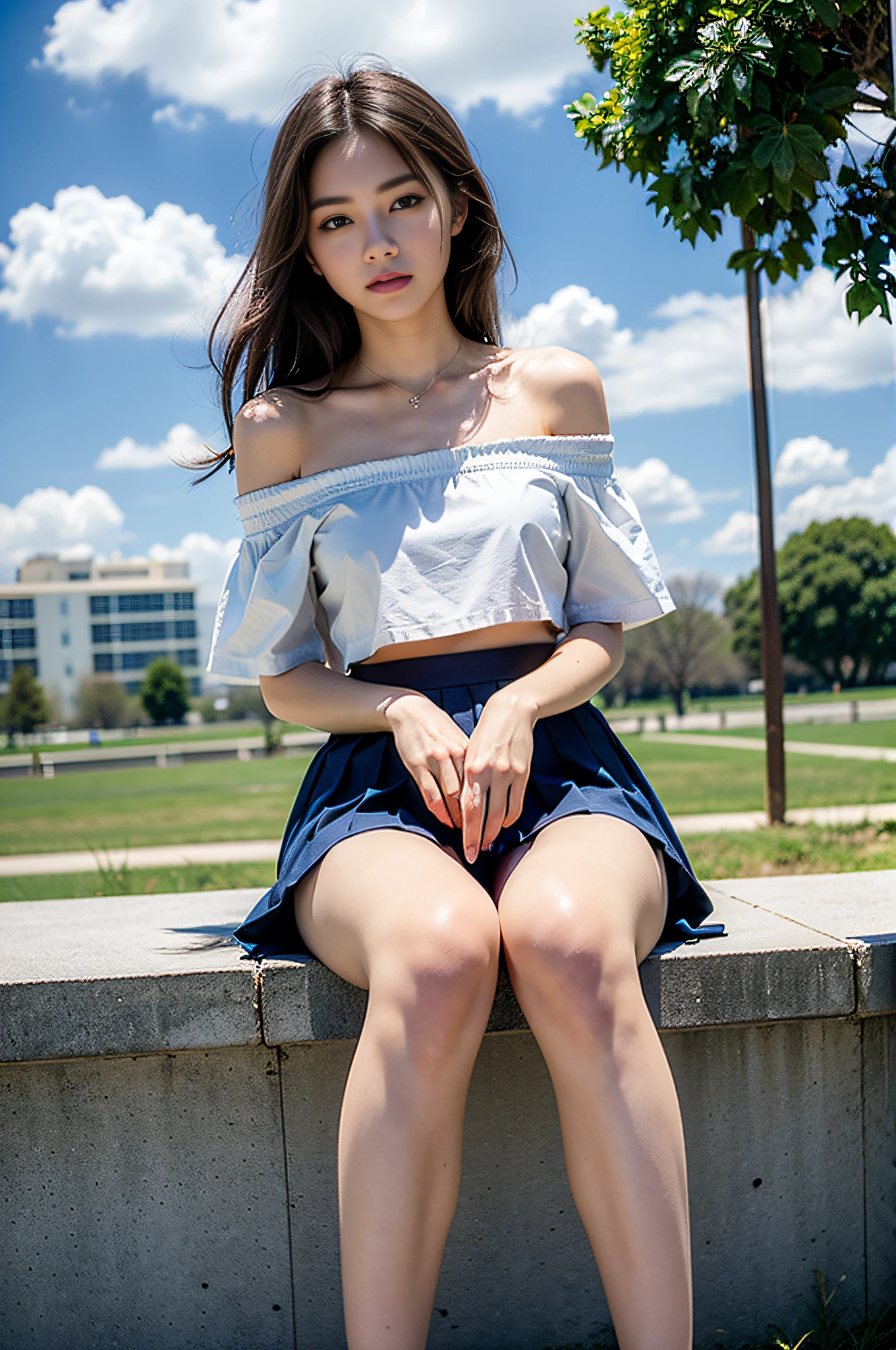 (8k, RAW photo, best quality, masterpiece: 1.2), (full body: 1.1), (short skirt off-the-shoulder: 1.2), (pleated skirt: 1.2), best quality, masterpiece, (small mouth: 1.2), an extremely delicate and beautiful, 8k wallpaper, amazing, fine details, masterpiece, best quality, (22 years old: 1.2), narrow waist, (bright blue sky and white clouds, campus, sitting, nature: 1.2), slim, cute, thick hair, soft hair, high contrast, Replenishing light, (shut up), beautiful, delicate eyes, (long hair: 1.2)