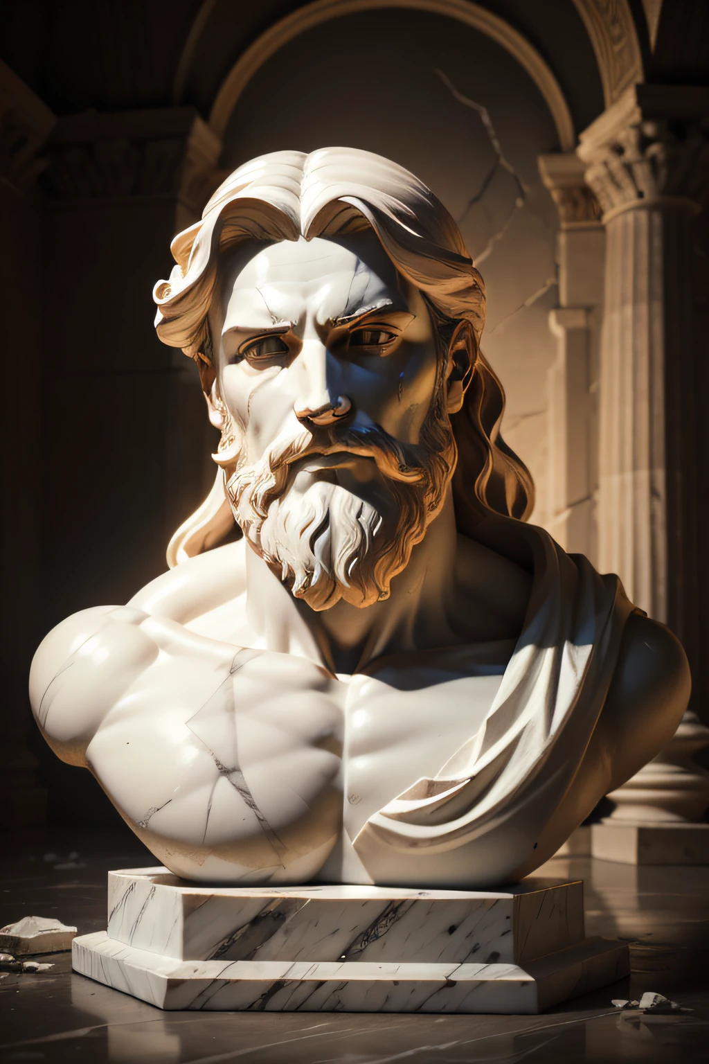 Epiteto Greek statue portrait marble sculpture of a Greek god face in a wrecked place, beard, muscular, cinematography, epic light and shadow, high contrast, professional photography