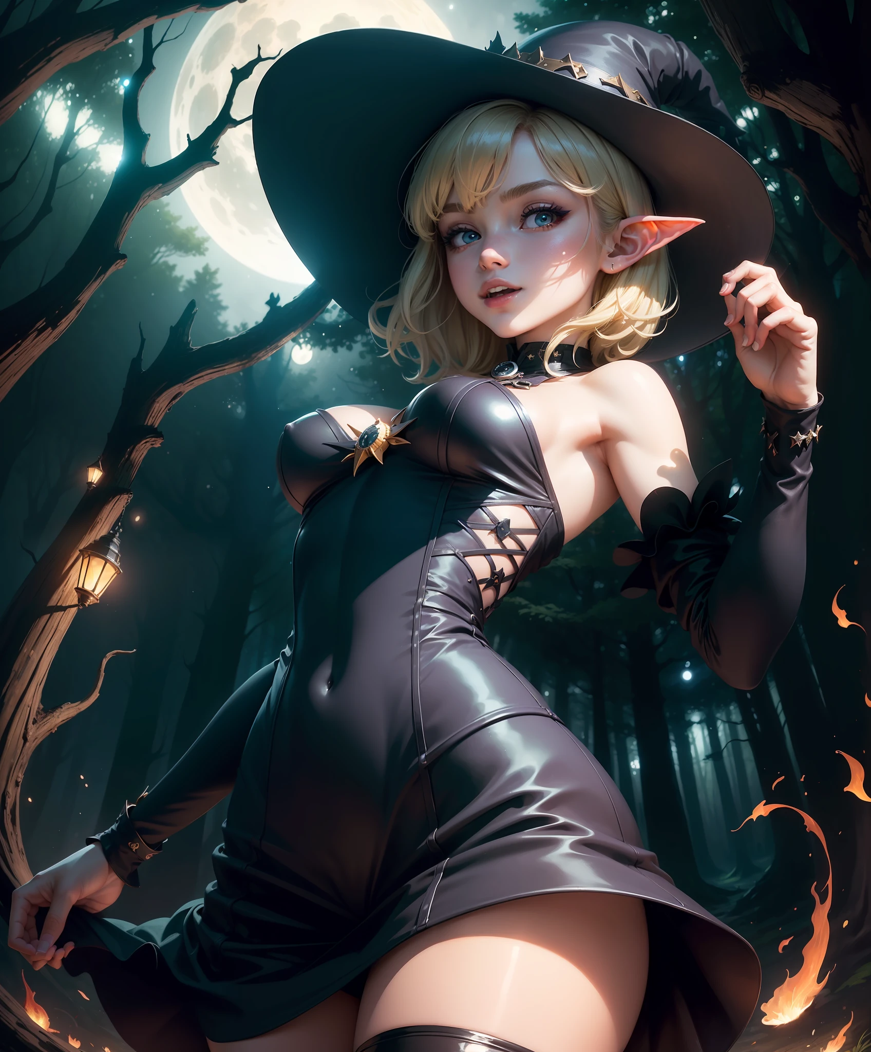 (masterpiece, high quality:1.3), (fisheye:1.25), a sexy witch girl, 18 years old, hand on hips, (night, magical dark forest:1.3), (close-up, upper body:1.3), (solo:1.1), perfect slim body, red eyes, blonde short hair, bangs, elf ears, grin, (simple:1.1) blue dress, (black:1.1) leggins, witch hat, fireflies, sparkles, epic sky, moon, dynamic light, dynamic shadows, (from below:1.2)