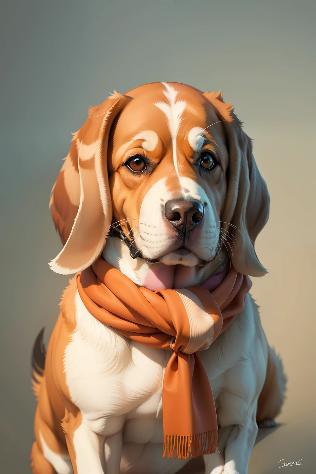 Draw a dog with a scarf around its neck, sorrindo, of the basset breed, com estilo cartoonizado em 8k
