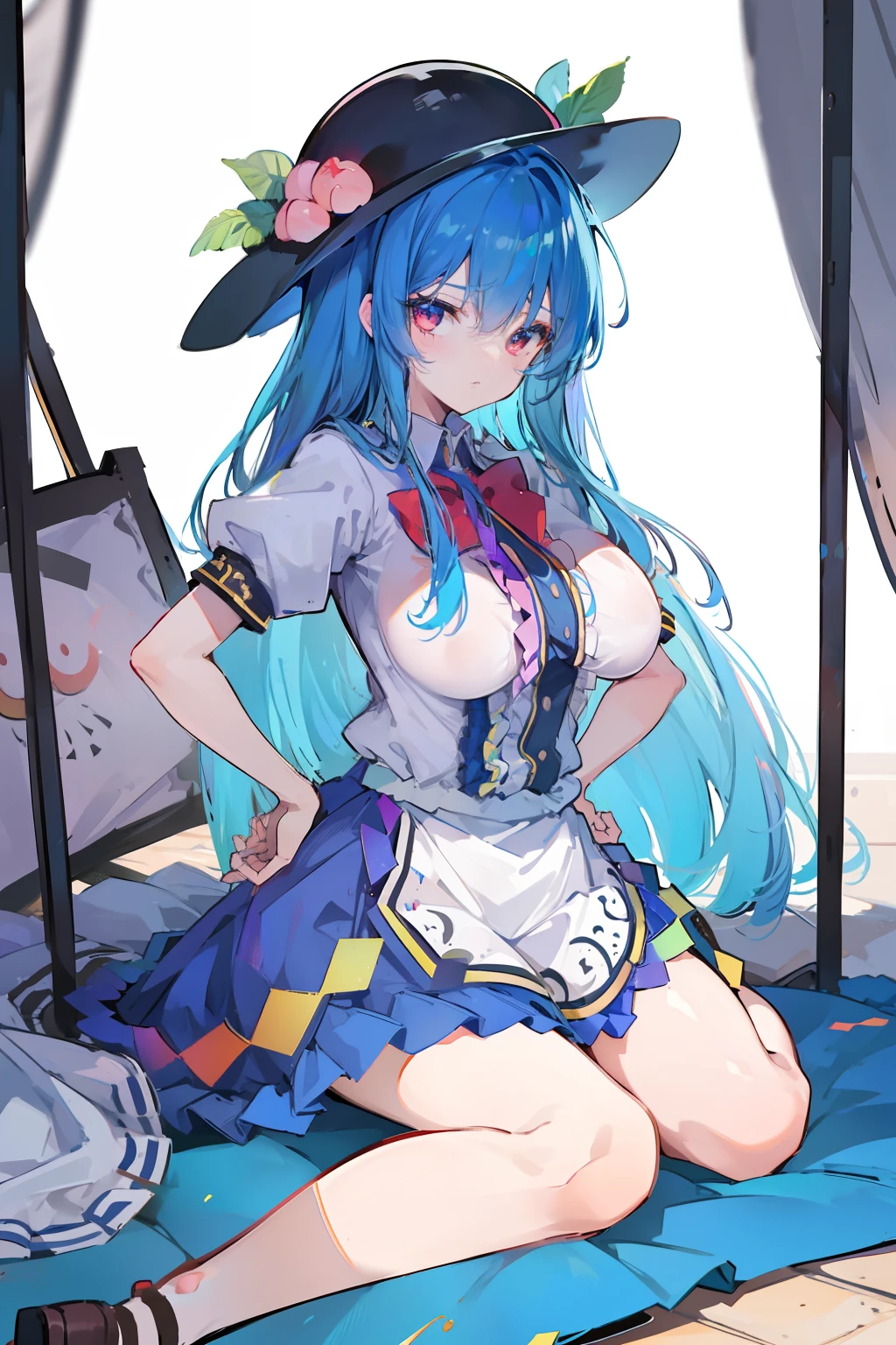 (masterpiece),best quality, expressive eyes, perfect face, 1girl,
big breast, H-cup, good breast, hands on waist,beautiful, gorgeous,anime,girl,lora,hinanawi tenshi, blue hair, blue haired,tent boobs, tent chest, tent breast, floating clothes,waist grab, grabbing waist, mains sur les hanches , hands on hips,w sitting, w sitting on ground, legs on ground