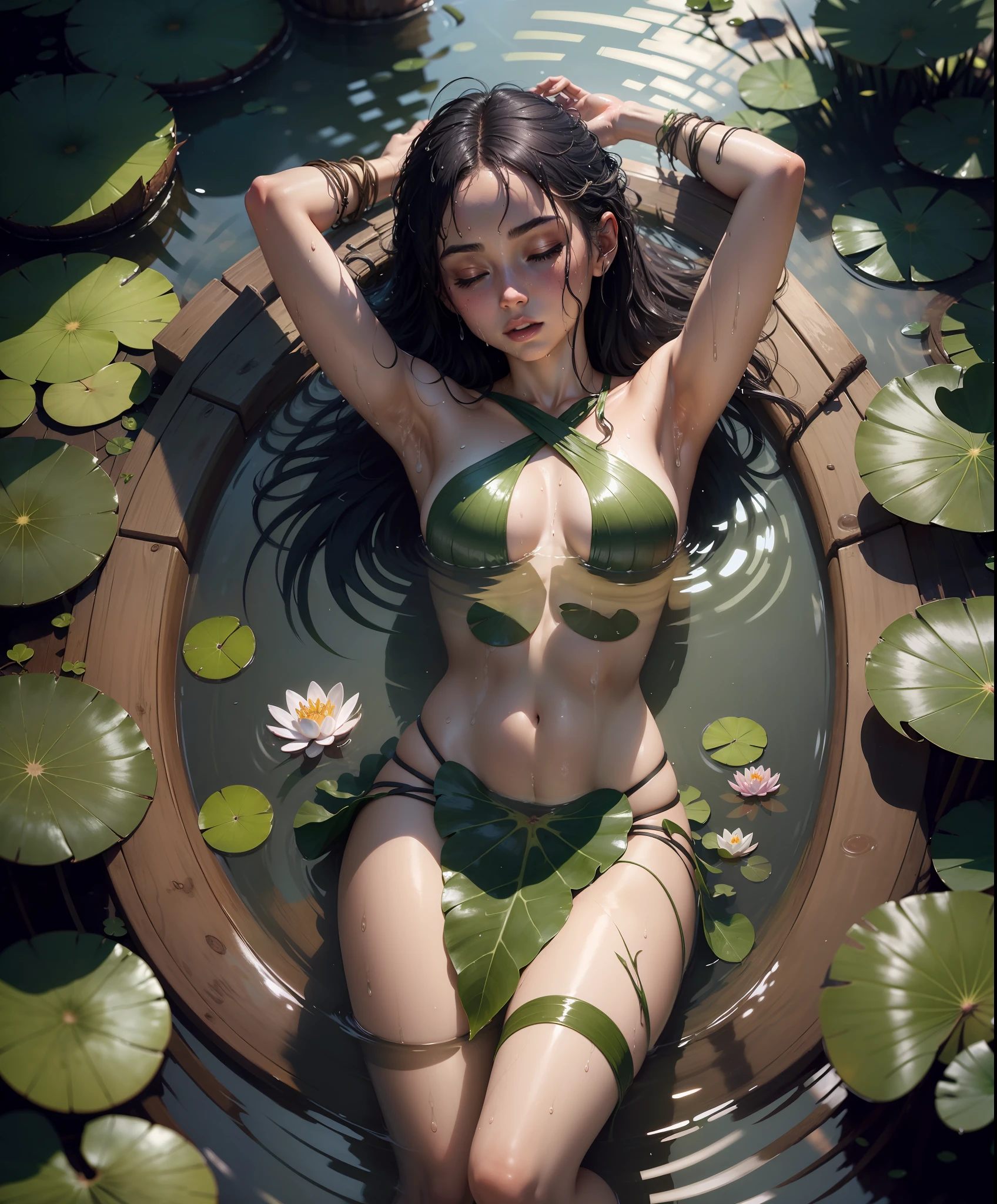 masterpiece,1girl, nidalee  loincloth, arms up, (submerged, partially submerged:1.2),(wet, wet hair), forest, pond, water lily, lily pad, lily \(flower\), closed eyes, armpits, from above