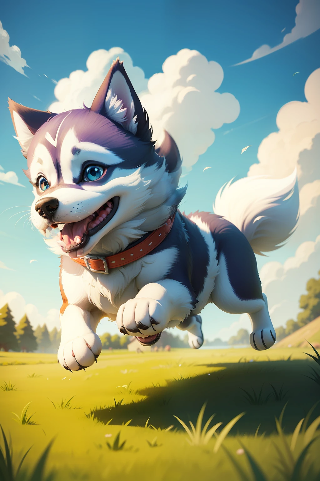 Cartoon drawing，Cartoon dog，Little Husky，happily running on the grass，Blue sky，