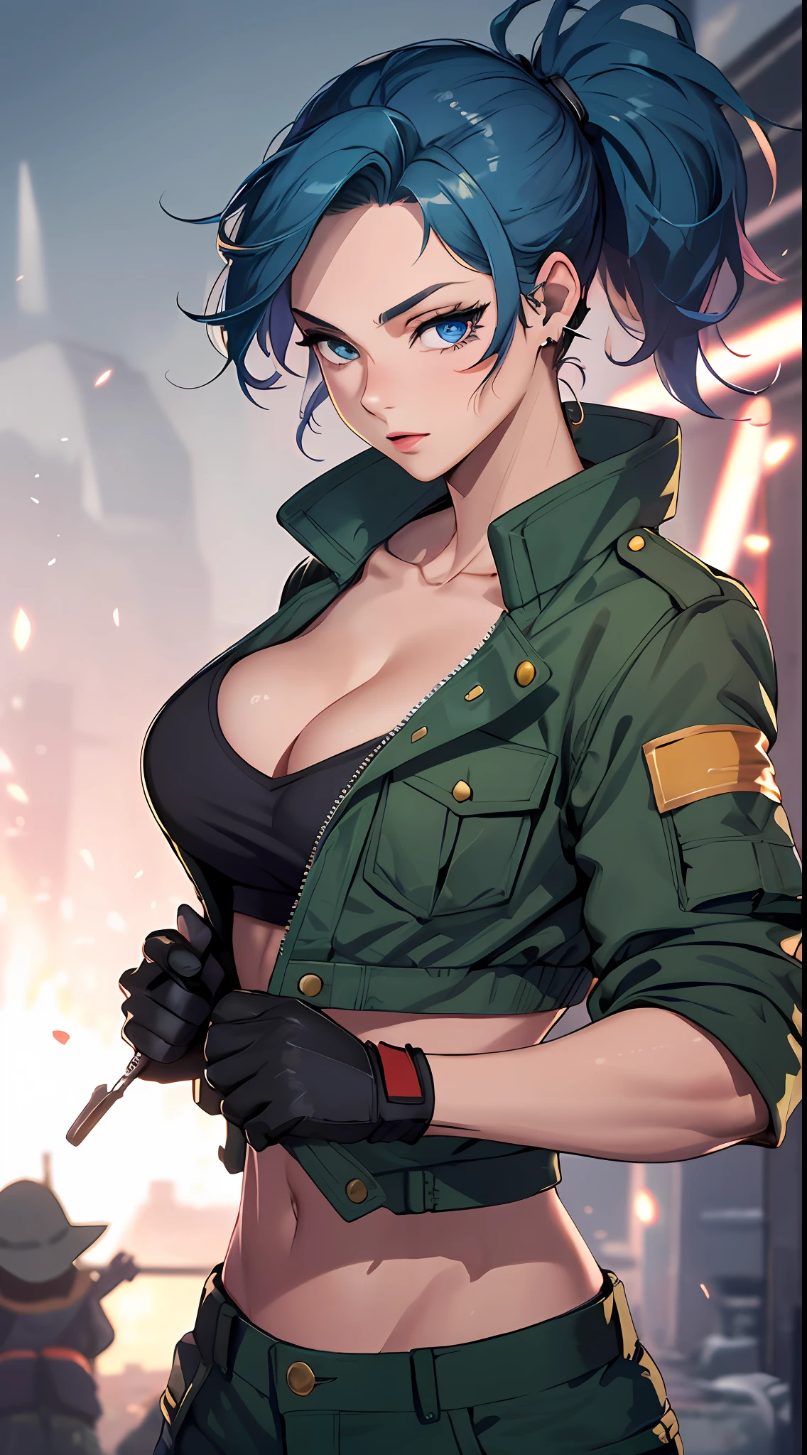 tmasterpiece,, Best quality at best, A high resolution, 1girll, Leona Hydorn, Blue hair, eBlue eyes, pony tails, green shorts, cleavage,hason, Crop top, Black gloves, nedium breasts, army suit, Green jacket, 耳Nipple Ring, jewelry, nabel, musculature, cow boy shot,