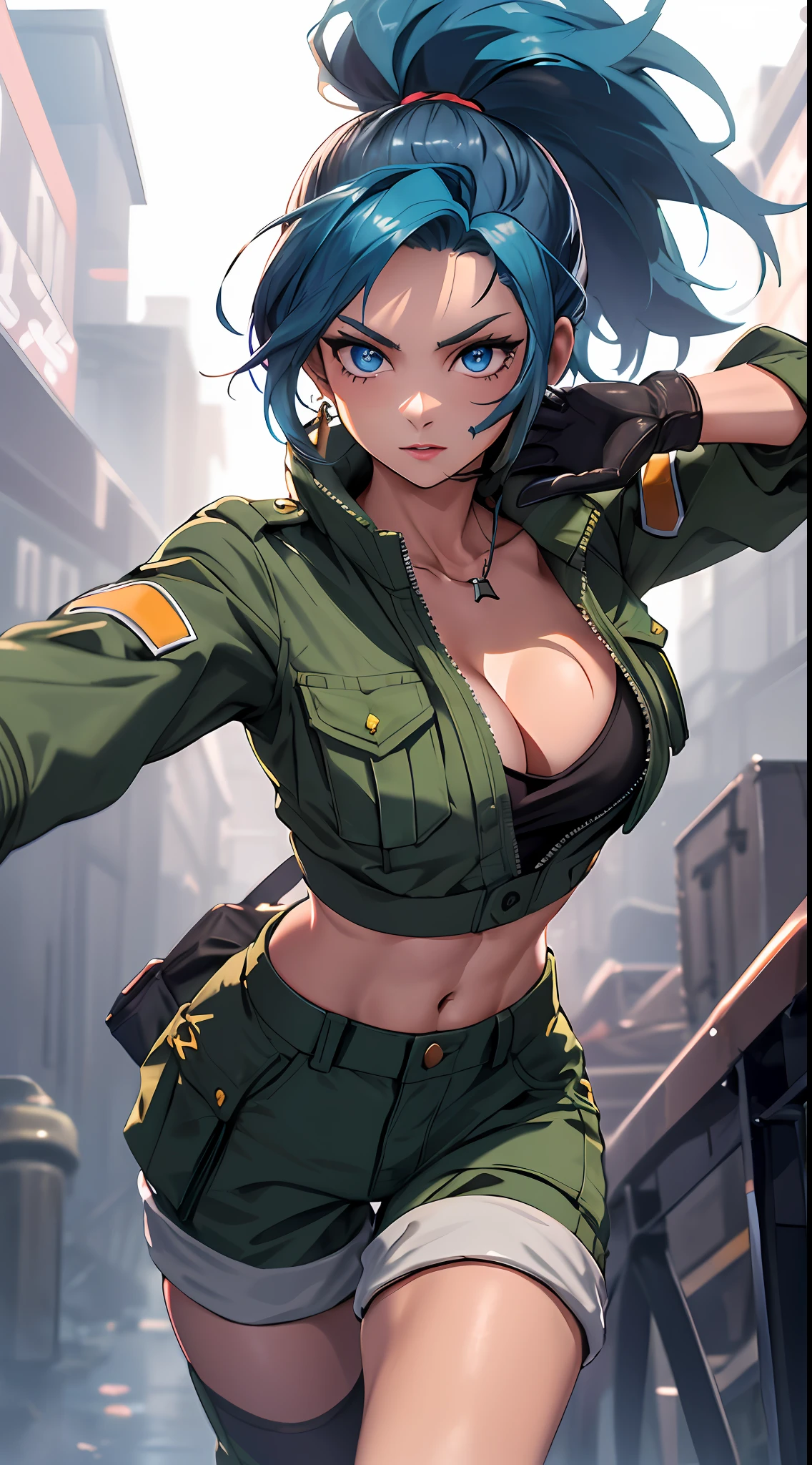 tmasterpiece,, Best quality at best, A high resolution, 1girll, Leona Hydorn, Blue hair, eBlue eyes, pony tails, green shorts, cleavage，hason, Crop top, Black gloves, nedium breasts, army suit, Green jacket, 耳Nipple Ring, jewelry, nabel, musculature, cow boy shot，