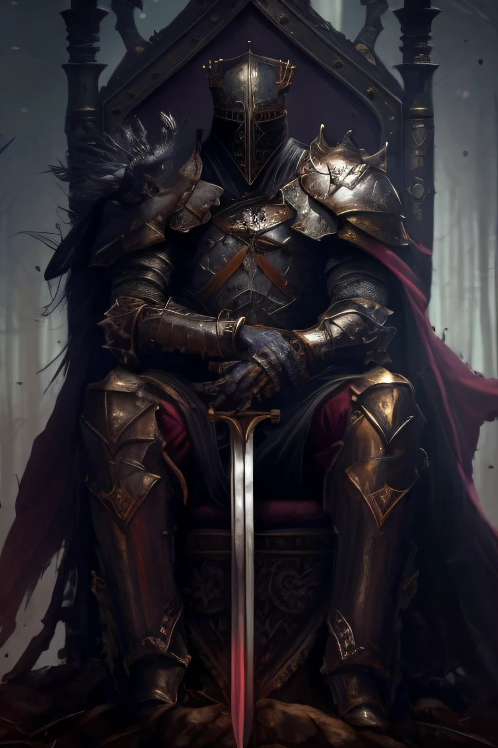 um homem de armadura sentado em um trono com uma espada, armadura escura, cavaleiro do mal, guerreiro de fantasia em armadura completa, gothic knight, fantasia sombria medieval, guerreiro das trevas, cavaleiro da fantasia, guerreiro blindado, ares com armadura pesada e espada, com uma armadura e uma coroa, guerreiro blindado, arte de estilo fantasia escura, guerreiro da fantasia, cavaleiro da fantasia forte, usando uma armadura escura