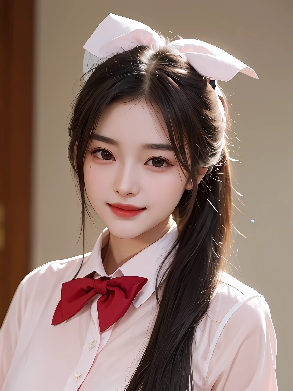 Characters: Real people, peerless beauty, cute girl, single, ((((Liu Yifei's girl with facial features))), Face: Delicate and beautiful facial features, oily red lips, sweet smile, smile, smile toothless, pure, blushing face, exquisite CG, Body: delicate skin, shiny, moisturized skin, Wearing: ((Bunny girl)), (pink translucent blouse 1.5), (blue and red) smart bow tie, unbuttoned Image quality: highest quality, masterpiece, vista, Rating: Safe