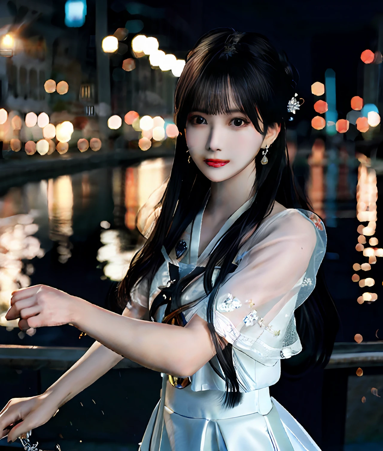 (realisticity: 1.2), best quality, masterpiece, highres, cg,
1girl, weapon, sword, long hair, dress, water, solo, jewelry, white dress, earrings, hair ornament, splashing, upper body super realistis, hair bun, black hair, city bacgraun realistis,
lighting,candid, Photograph, high resolution, 4k, 8k, Bokeh,