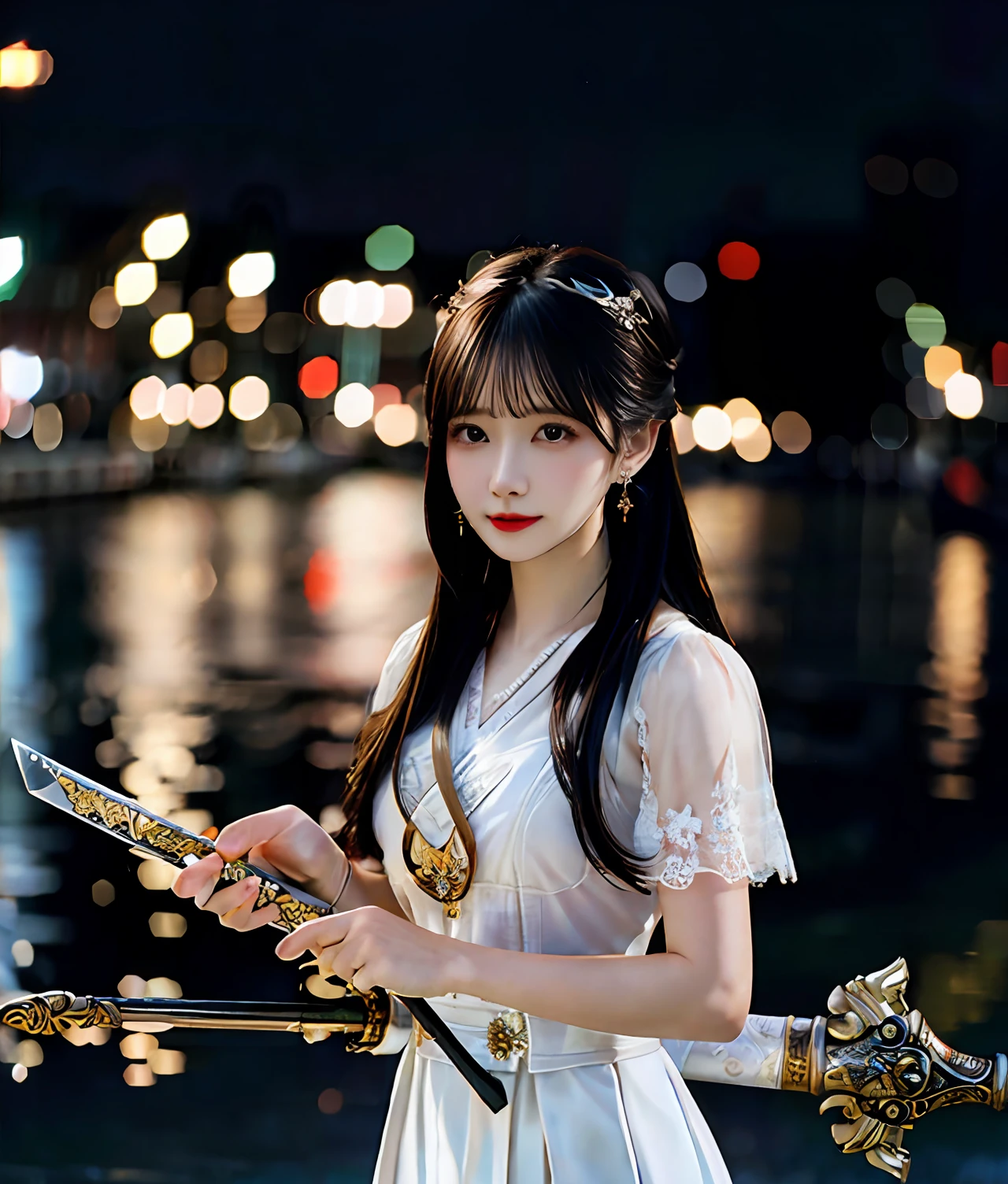 (realisticity: 1.2), best quality, masterpiece, highres, cg,
1girl, weapon, sword, long hair, dress, water, solo, jewelry, white dress, earrings, hair ornament, splashing, upper body super realistis, hair bun, black hair, city bacgraun realistis,
lighting,candid, Photograph, high resolution, 4k, 8k, Bokeh,