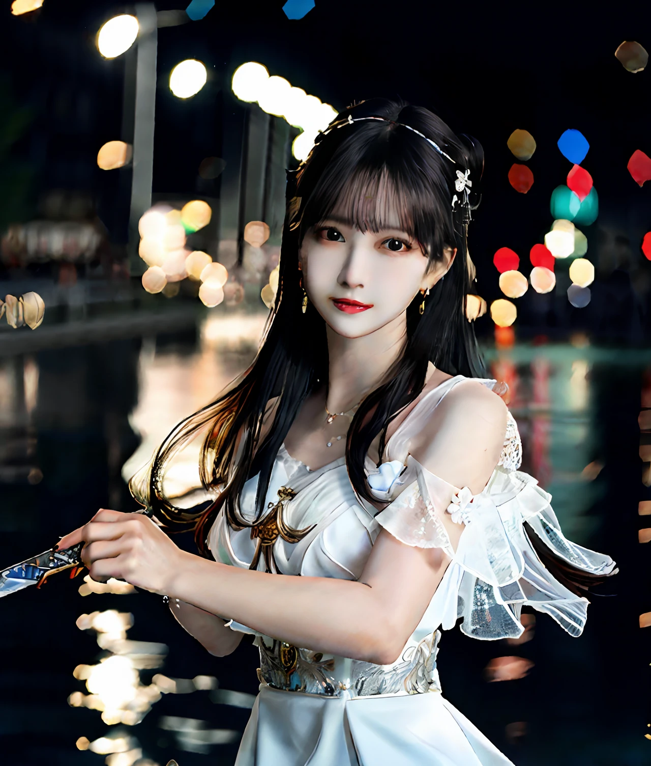 (realisticity: 1.2), best quality, masterpiece, highres, cg,
1girl, weapon, sword, long hair, dress, water, solo, jewelry, white dress, earrings, hair ornament, splashing, upper body super realistis, hair bun, black hair, city bacgraun realistis,
lighting,candid, Photograph, high resolution, 4k, 8k, Bokeh,
