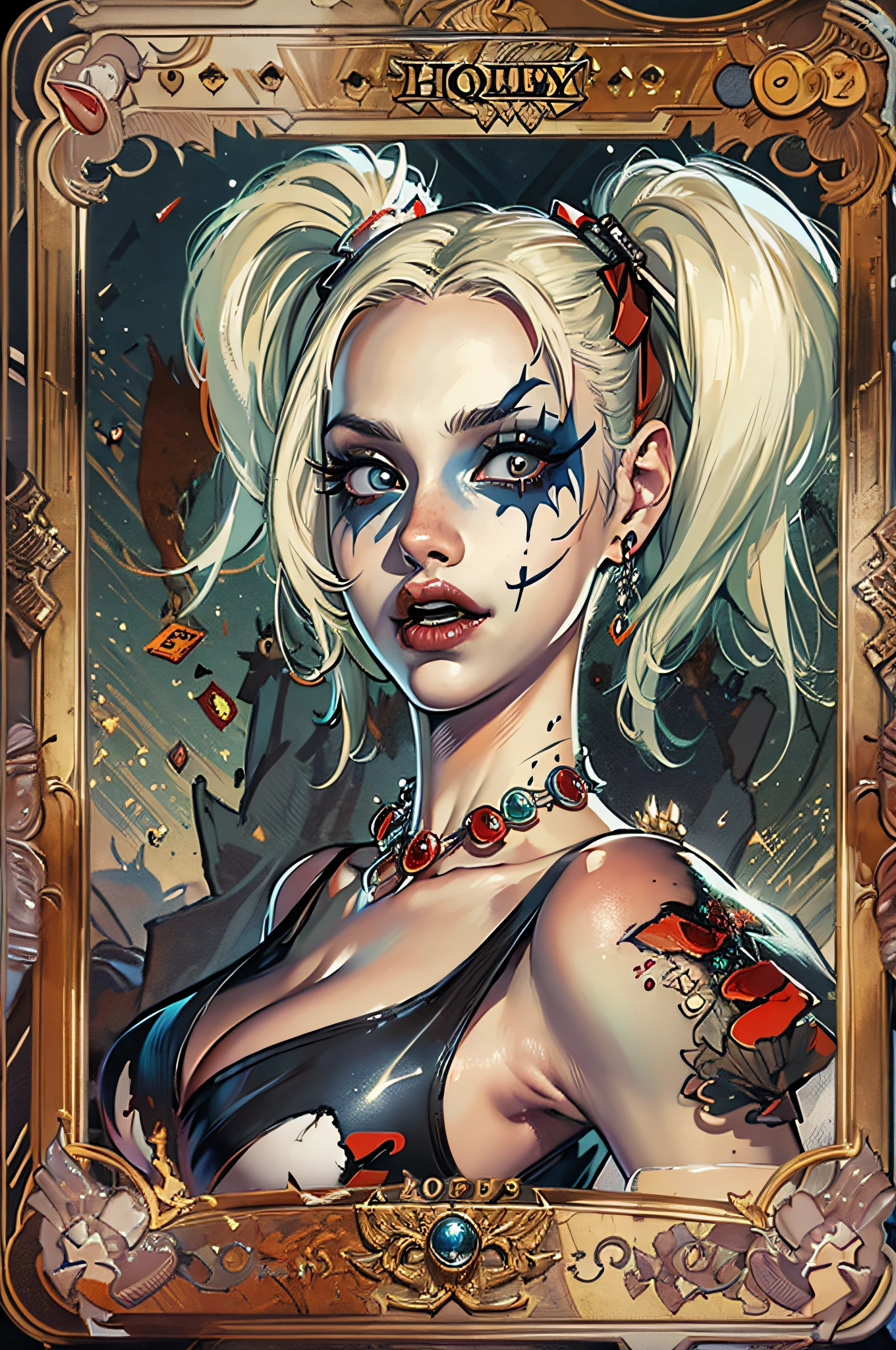 Harley Quinn,upperbody closeup,sideface,Actions with exaggeration,cleavage,Cocked buttocks,Spooky picture,(tarot cards:1.4),tmasterpiece, best qualtiy, CG, the wallpaper, HDR, high qulity, k hd, extremely detaile, ((offcial art))