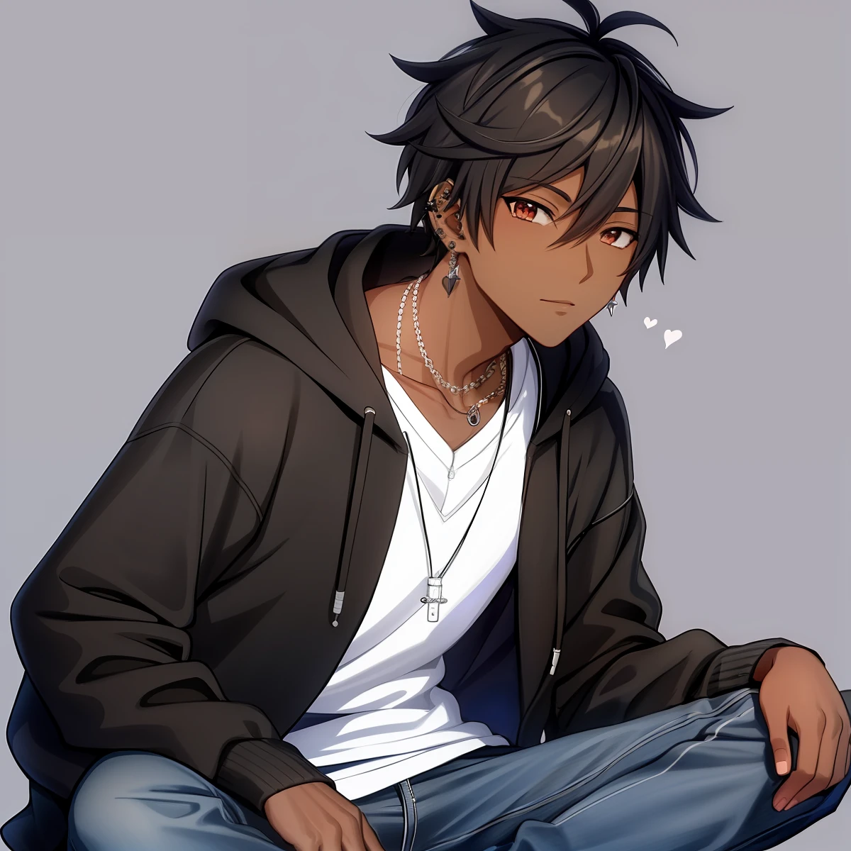 dark skin boy with earphones and a hoodie listening to music, young anime man, inspired by Okumura Masanobu, inspired by Okumura Togyu, as an anime character, ear piercings, black camo hoodie, striped shirt