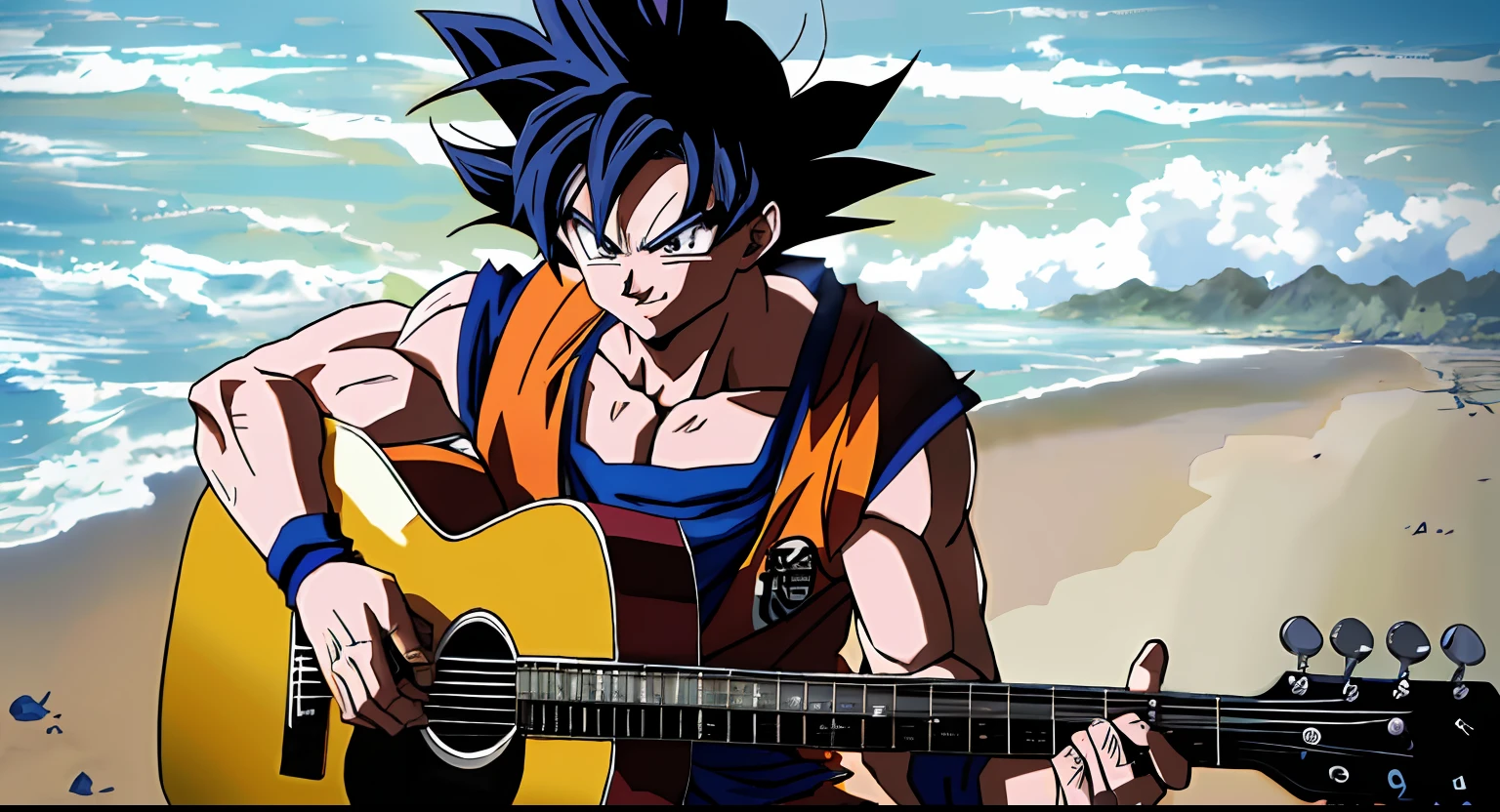 personagem de anime tocando guitarra na praia com o oceano no fundo, estilo anime 4K, Goku humano fotorrealista, fan art, badass anime 8 k, arte de anime realista, Filho Goku, 4k anime wallpapers, Anime Wallpaper 4k, Goku de Dragon Ball, Papel de parede anime 4k, Goku de Dragon Ball Z, arte anime de alta qualidade, 4 k manga wallpaper