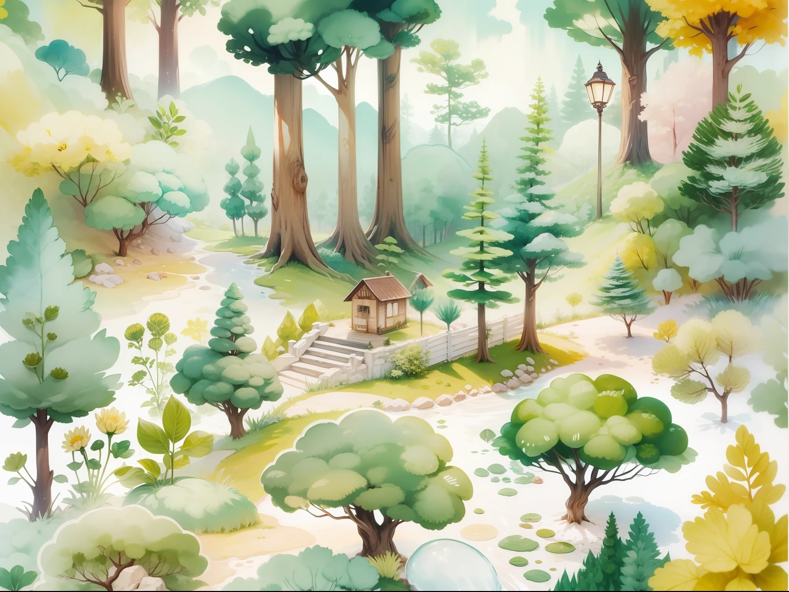 um bosque encantado, tema infantil, em aquarela