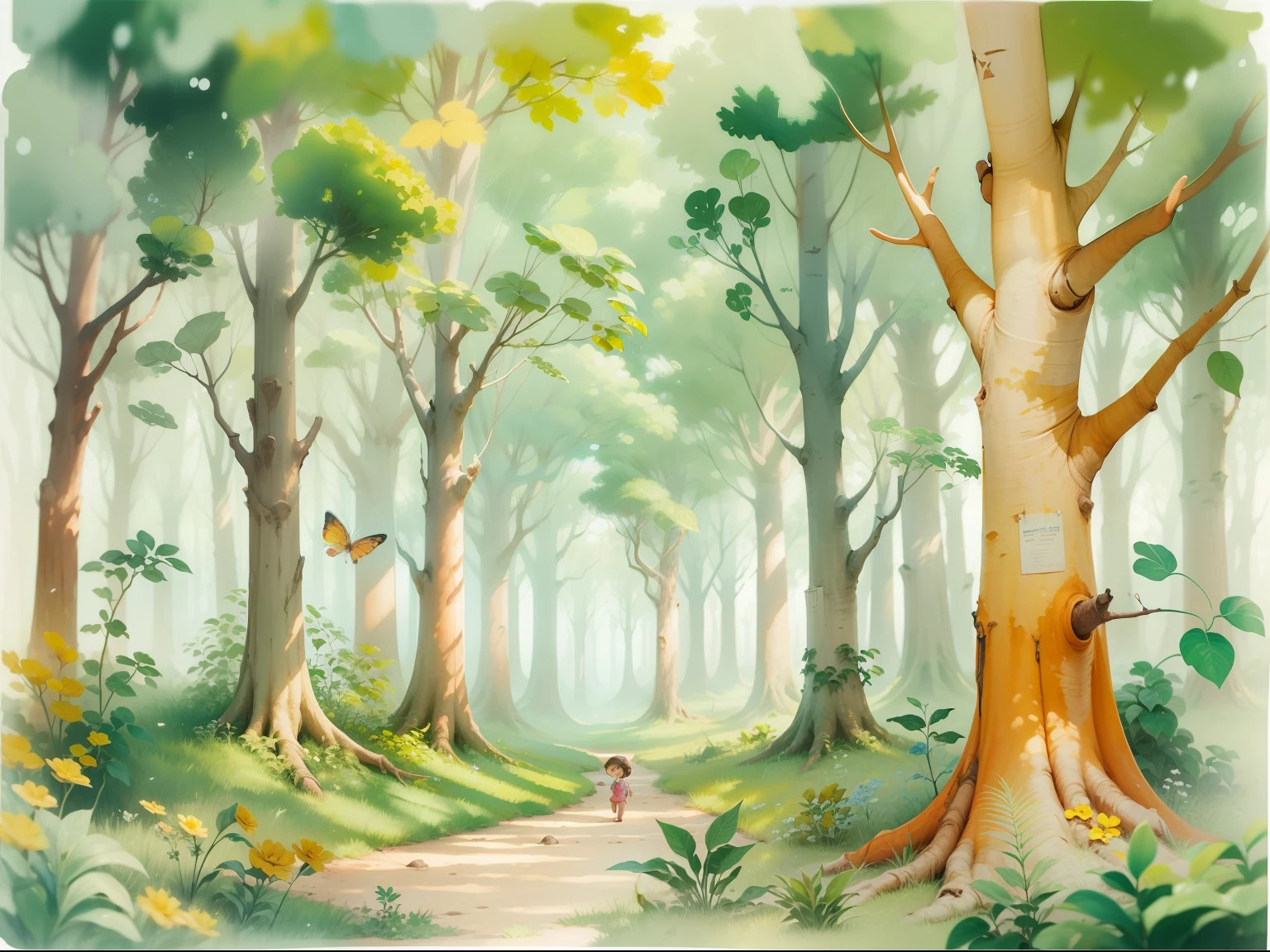 um bosque encantado, tema infantil, em aquarela