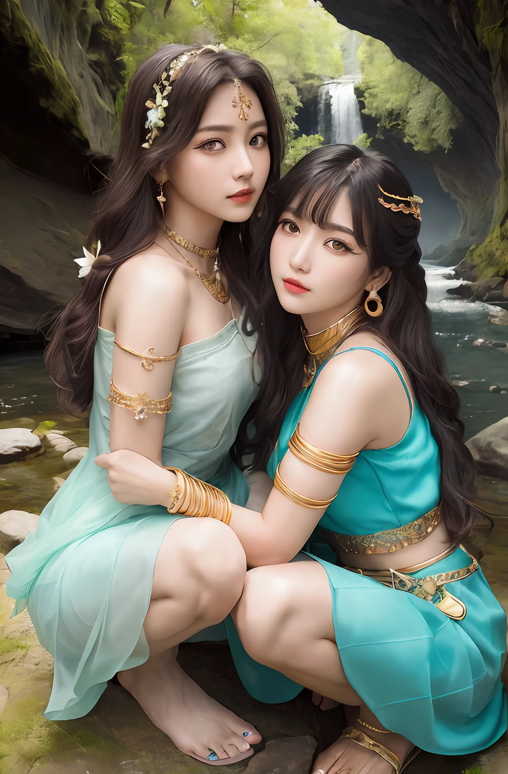 ((Realistic:1.5)),Ulzzang-6500:1.4,((Best quality)), ((Masterpiece)),((Detailed)),2girls,duo,{2 beautiful women}, (Upper body:1.3),Hug and touch each other, Tease your friend's waist, Breathless friends, Biting a friend's earlobe, crouched,super wide shot,Face focus, Long legs,Curvy, Barefoot,Wide hips, Thin legs, Oversized eyes,Long eyelashes, (Detailed face,beautidful eyes, detailedpupils,detailed clothes features, Clear background:1.3), (armlets, bangle:1.3), Mysterious ancient ruins, floresta exuberante, Deep canyon,bridge,River,cliff,Cloud,lakes,Rock music,Waterfalls, Flowers, Grass,grape trees,tree,bright detail,Sharp,Perfect compounding, Intricate, Sharp focus, Dramatic,