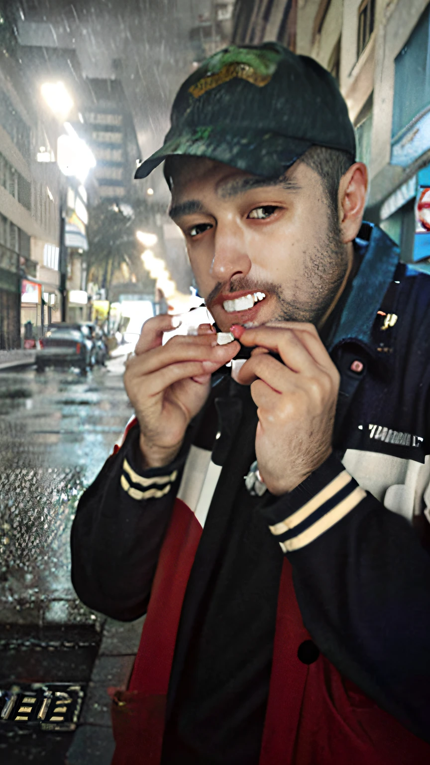 there is a man that is eating a doughnut on the street, smoking a cigarrette🚬, smoking a cigarette in the rain, smoking a blunt, cigarette in his mouth, with cigar, while smoking a cigar, smoking a joint, yung lean, holding a cigarette, smoking weed, holding cigar, holding a cigar, mac miller, taking a smoke break, smoking outside