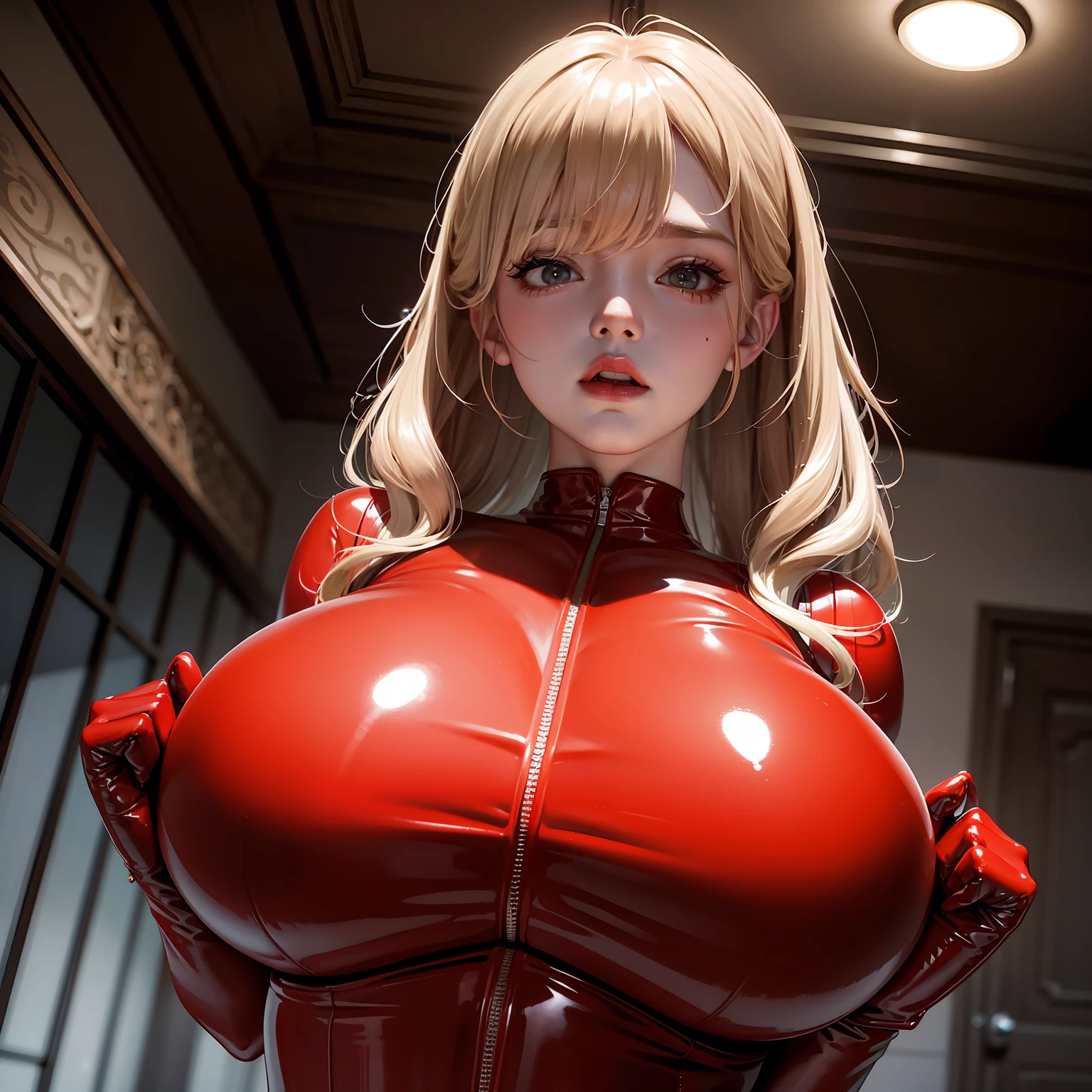 From below，Woman in red tight latex clothes，byself，Stand up，Hands were hoisted，（（gigantic cleavage breasts）），Huge stacked breasts，（Surreal breasts ）（（Extremely full breasts）），（（Super large）），Big breasts Thin waist，（（（Extremely large breasts））），worried expression，seductiv