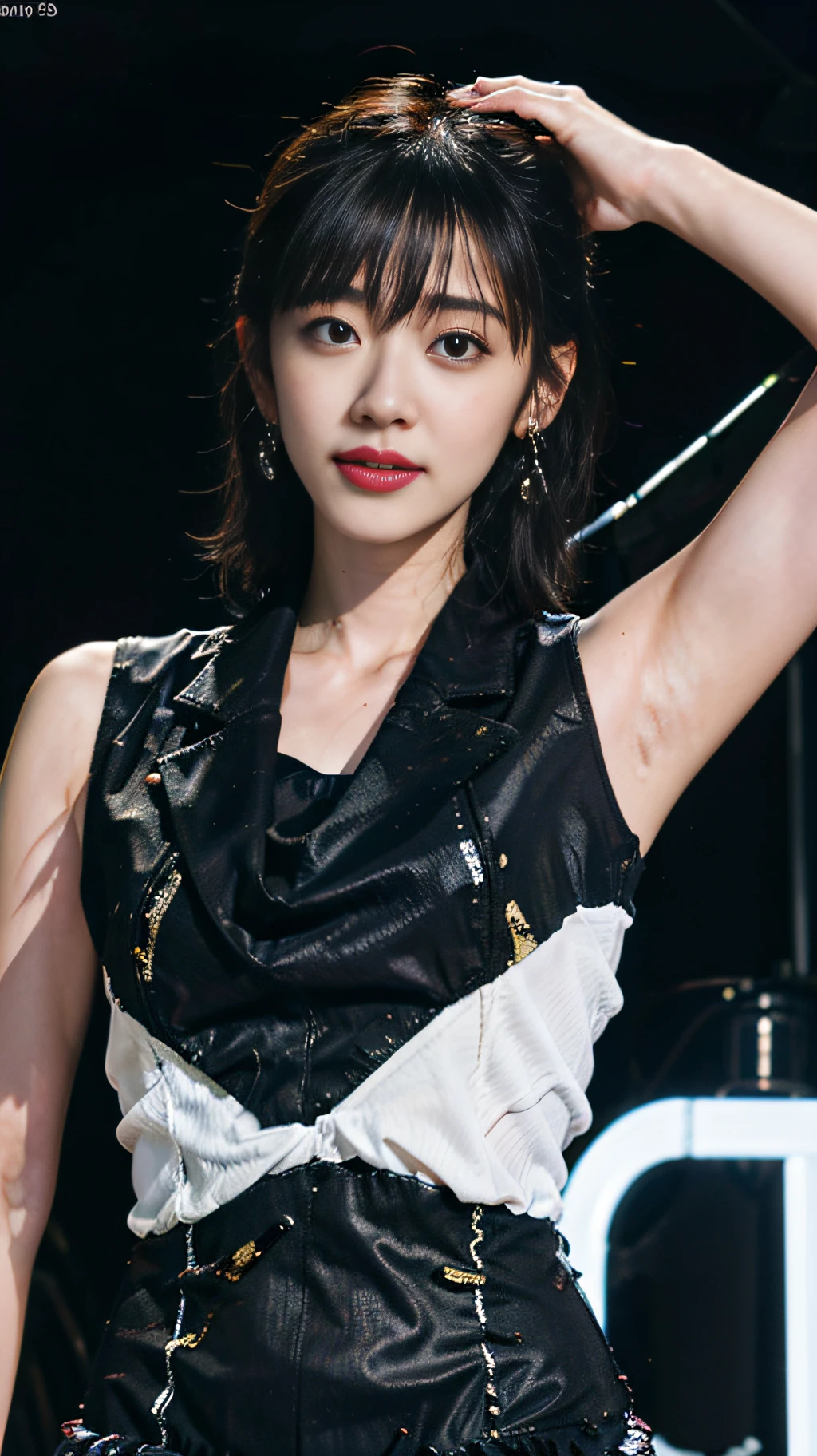 (8k, RAW photo, best quality, mastery:1.2), (realistic, photo-realistic:1.37),(Kpop idol), (aegyo sal:1),cute,professional lighting, photon mapping, radiosity, physically-based rendering , cosplay, lucy \(cyberpunk\), bob cut, mechanical parts, grey eyes, black tight suit, cyberpunk city, black pants, night, neon lights, sexy, smoke, looking at viewer,, 8k 高分辨率, 8k, CG壁纸, 现实, 清晰的背景, 中等??, 全身