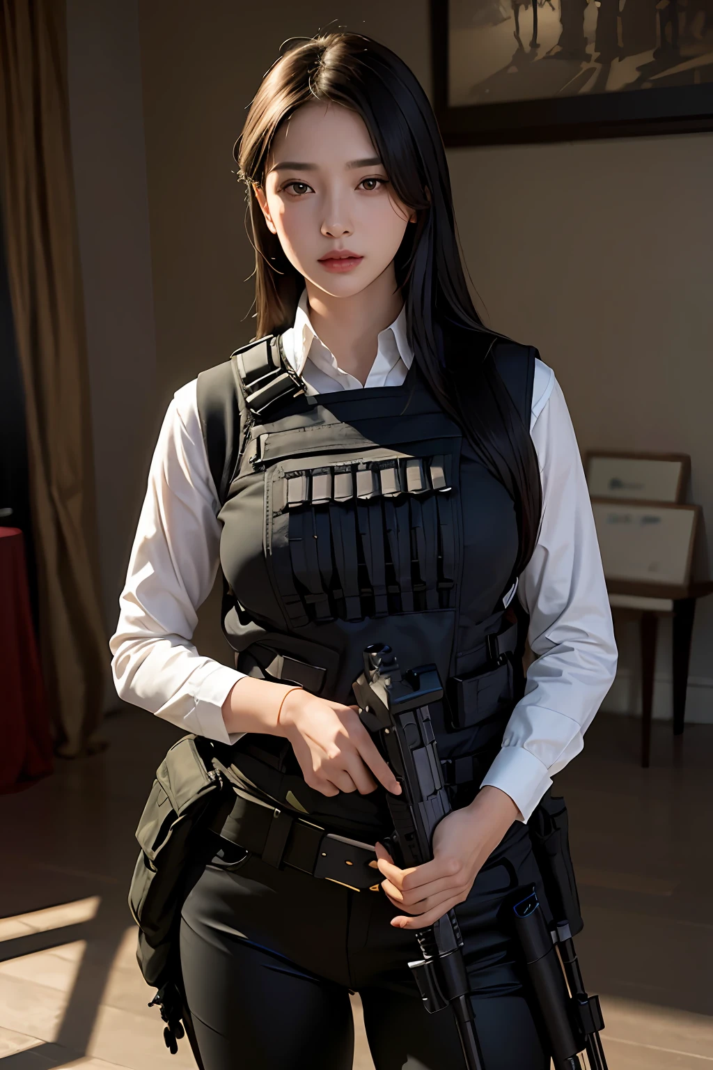 1girl, (photorealistic)++, beautiful lighting, masterpiece++, best quality++, realistic, full body portrait, real photo, intricate detail, depth of field, 1 girl, A soldier girl black hair sniper rifle handle, black military uniform, bulletproof vest, holding an assault rifle, m16, inside the city, very detailed, perfect face, black eyes, lips, wide hips, waist small, tall, makeup, Fujifilm XT3, epic professional photography by Ed Blinky, Atey Ghailan, Studio Ghibli, by Jeremy Mann, Greg Manchess, Antonio Moro, trending on ArtStation, trending on CGSociety, Intricate , High Detail , Sharp focus, impressive, realistic art by midjourney and greg rutkowski, RAW image, 8k uhd