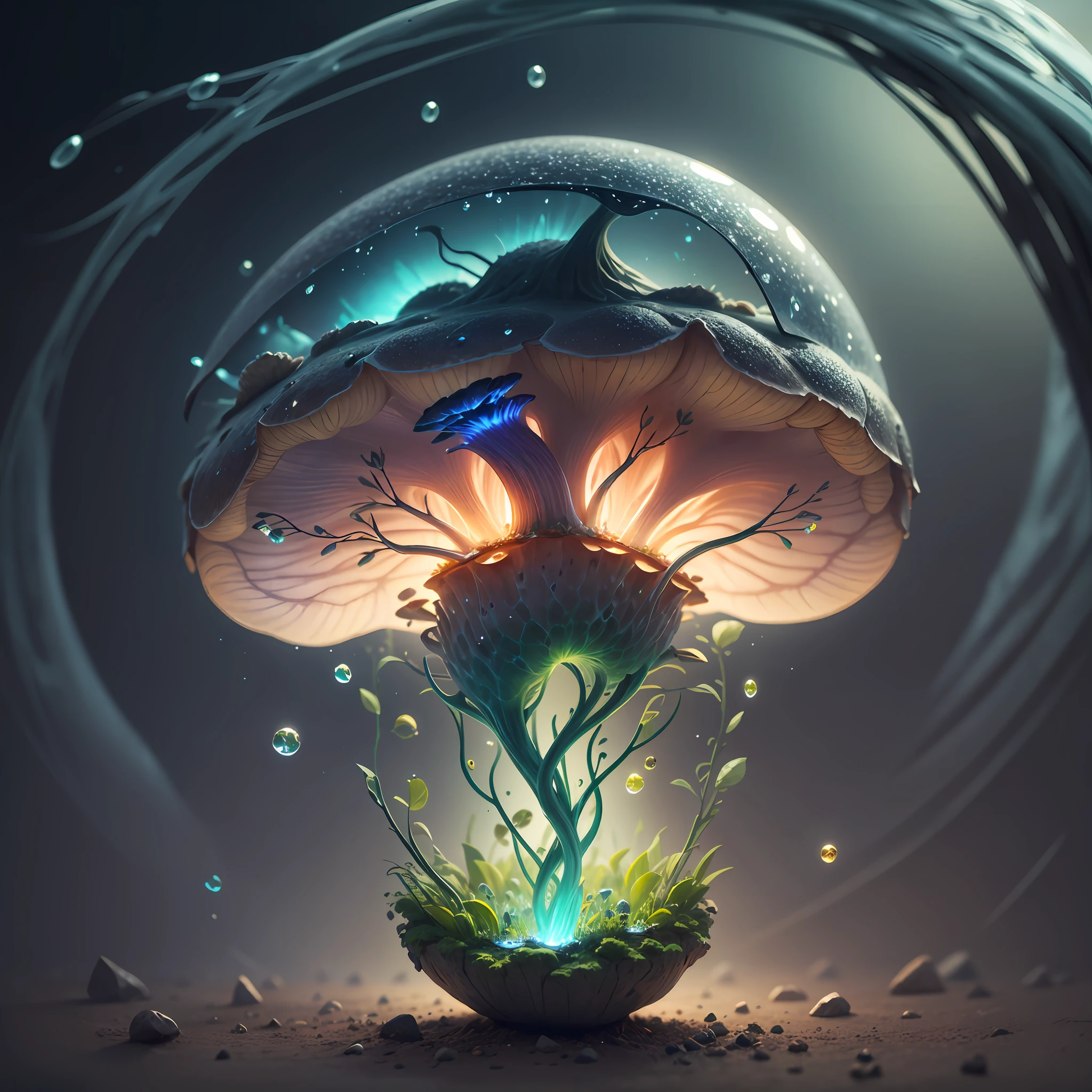 Generate images of creatures with humanoid body structures, But mainly composed of fungal elements. Its head resembles a big head, Dome-shaped crystal spring flower mushroom cap, fanciful, Colorful, Decorated with a luminous speckled pattern. Its arms are long, Flexible tendrils sprout from the shoulders, Able to be as vertical as a human hand. And not legs, It has a single, Thick, The stem is rooted in the ground. Its face is a small cluster, Bioluminescent spheres embedded in the bottom of the lid, Arranged in a way reminiscent of human facial features. photo-realism, ultra - detailed, 4K, A high resolution
