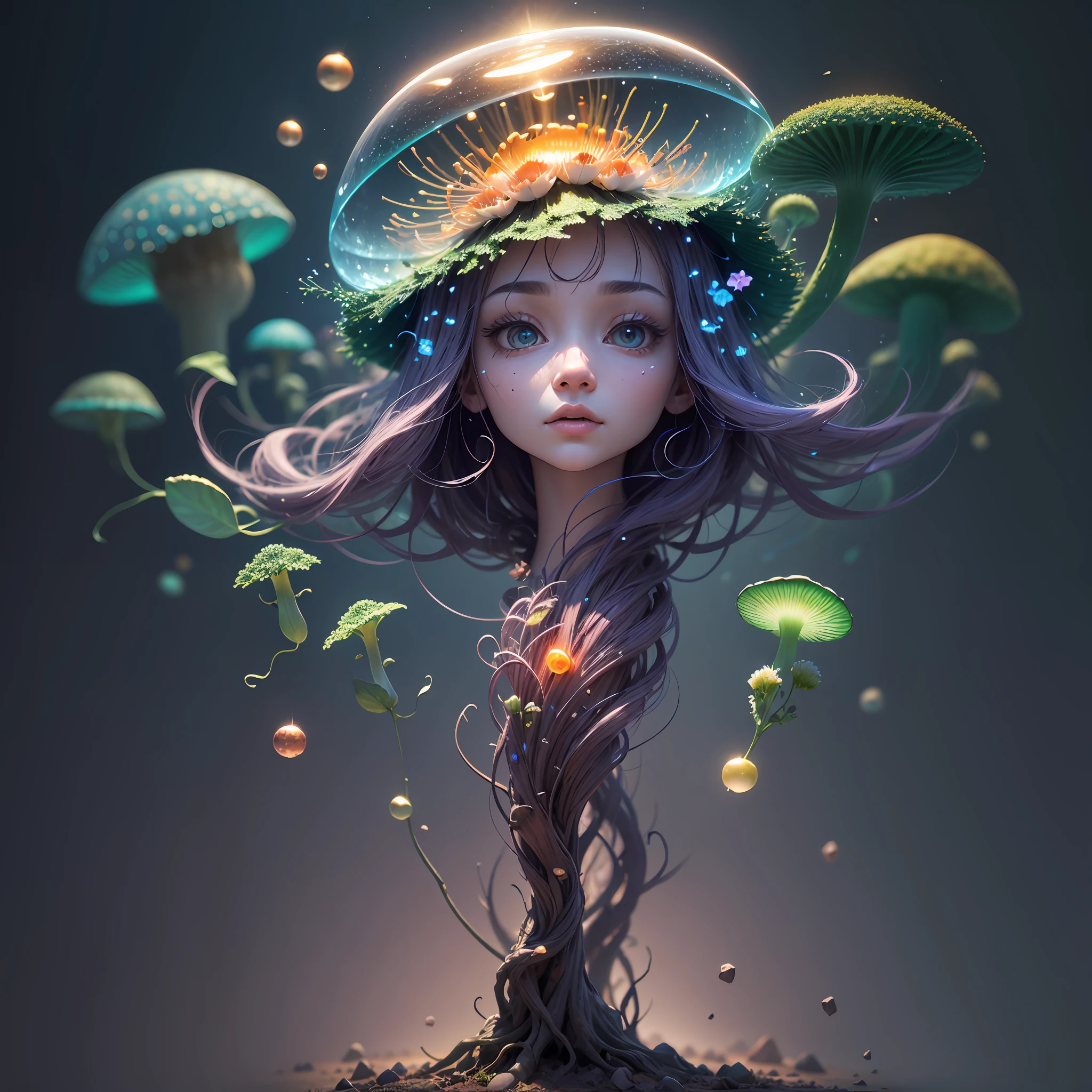 Generate images of creatures with humanoid body structures, But mainly composed of fungal elements. Its head resembles a big head, Dome-shaped crystal spring flower mushroom cap, fanciful, Colorful, Decorated with a luminous speckled pattern. Its arms are long, Flexible tendrils sprout from the shoulders, Able to be as vertical as a human hand. And not legs, It has a single, Thick, The stem is rooted in the ground. Its face is a small cluster, Bioluminescent spheres embedded in the bottom of the lid, Arranged in a way reminiscent of human facial features. photo-realism, ultra - detailed, 4K, A high resolution