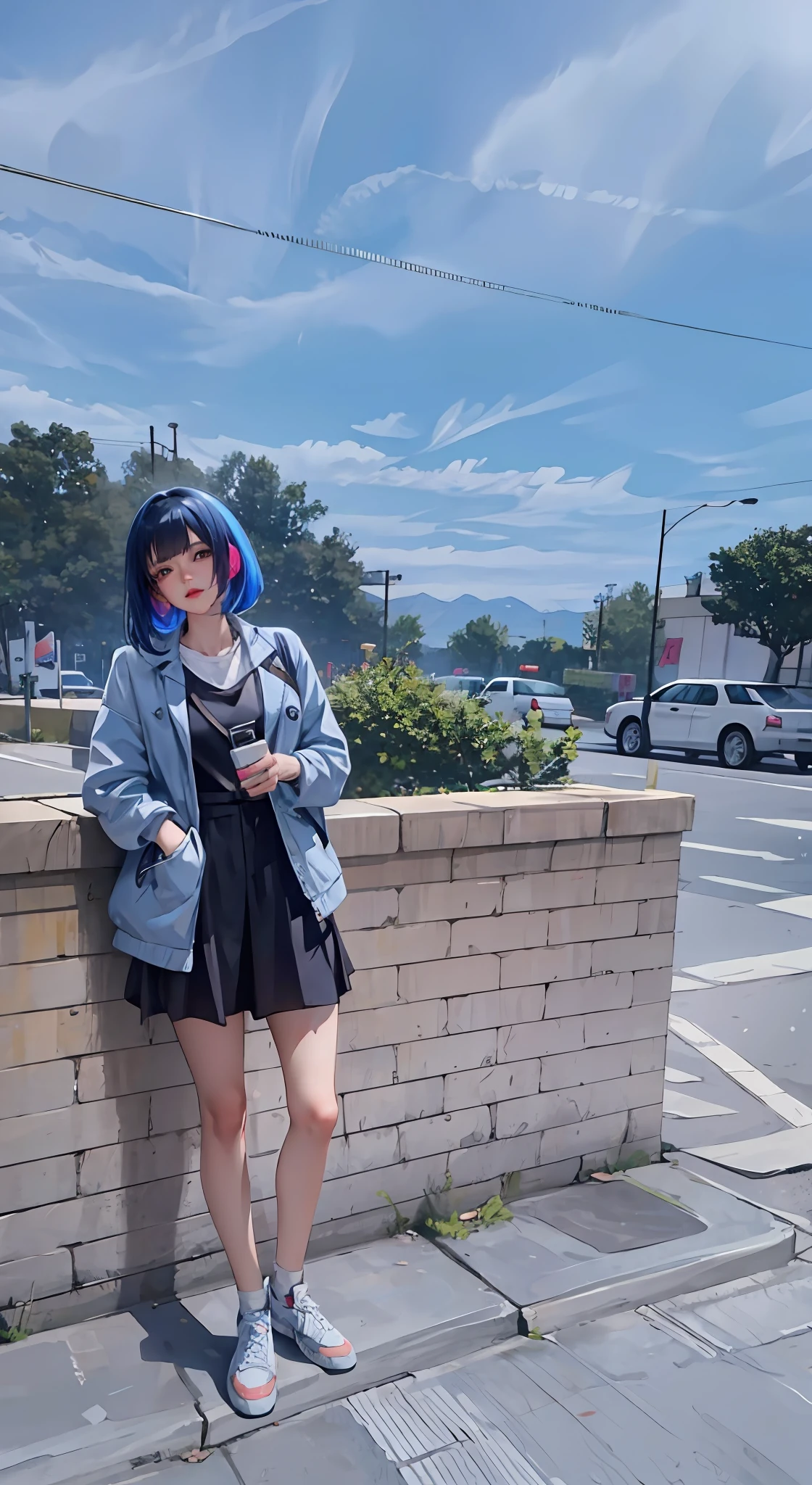 There was a woman standing on the sidewalk with her mobile phone, Realistic anime 3 D style, Anime style. 8K, anime realism style, realistic anime artstyle, Photorealistic anime, Surrealism female students, Anime girl in real life, Surrealism female students, style of anime4 K, Guviz-style artwork, Casual pose，（（tmasterpiece，best qualtiy）），illustratio，Ultra-detailed 8K，Photorealsitic，Clear focus，A highly detailed，Professional lighting，Colorful detailed，Rainbow color BREAK factory super long shot，with light glowing，Complicated details，Shitu-mecha，1girl stands in front of the audience，nabel