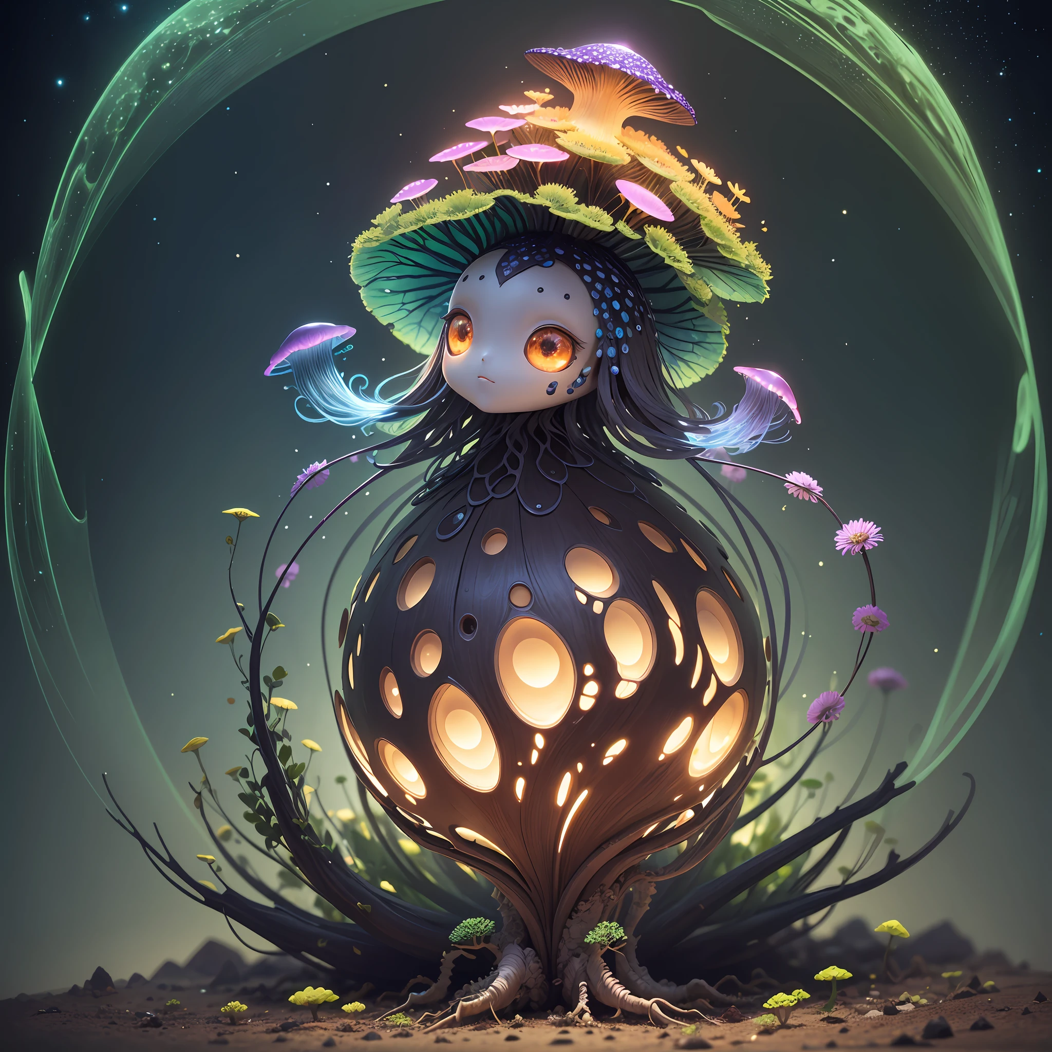 Generate images of creatures with humanoid body structures, But mainly composed of fungal elements. Its head resembles a big head, Dome-shaped crystal spring flower mushroom cap, fanciful, Colorful, Decorated with a luminous speckled pattern. Its arms are long, Flexible tendrils sprout from the shoulders, Able to be as vertical as a human hand. And not legs, It has a single, Thick, The stem is rooted in the ground. Its face is a small cluster, Bioluminescent spheres embedded in the bottom of the lid, Arranged in a way reminiscent of human facial features. photo-realism, ultra - detailed, 4K, A high resolution
