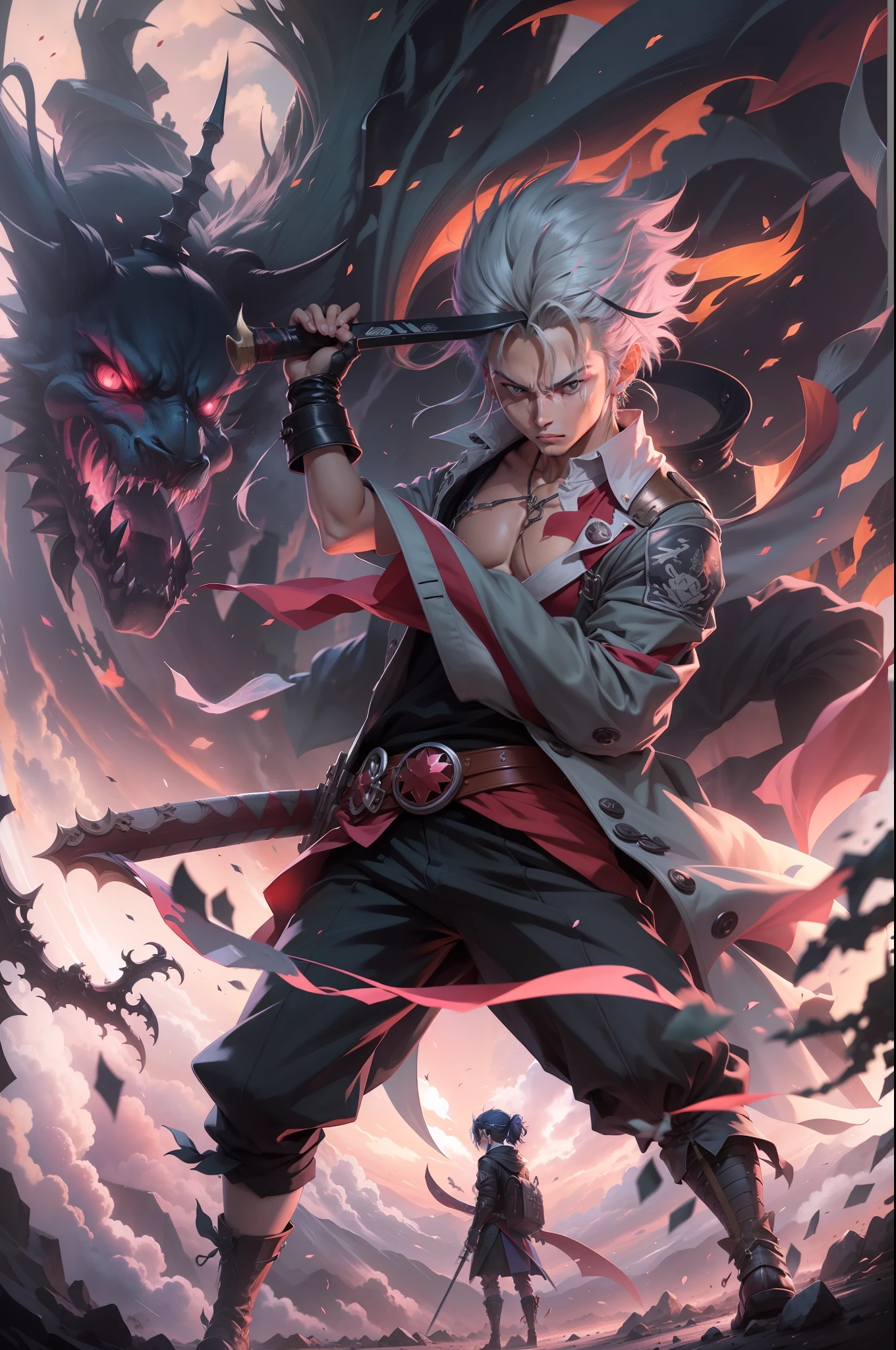 Un primer plano de una persona sosteniendo dos espadas frente a un demonio, Badass Anime 8K, Roronoa Zoro, Chico guapo en el arte de Demon Slayer, Anime Wallpaper 4k, Fondos de pantalla de anime 4k, Fondo de pantalla de manga 4 k, Anime Art Wallpaper 4K, Anime Art Wallpaper 4K, Fondo de pantalla de anime 4k, anime epic artwork, Estilo anime 4K