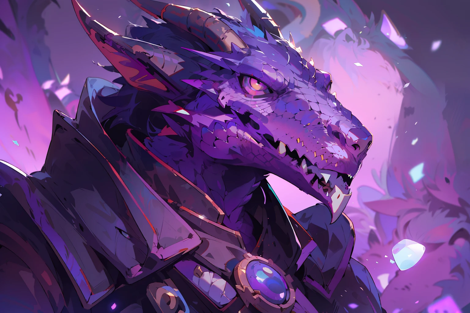 purple dragon with purple eyes and a purple collar, dragon portrait, cyborg dragon portrait, fantasy hearthstone art style, portrait dnd, dnd portrait, anthro dragon art, dungeons and dragons portrait, epic rpg portrait, portrait of a dragon, d&d character head portrait, d&d portrait, in hearthstone art style, hearthstone art, hearthstone style art