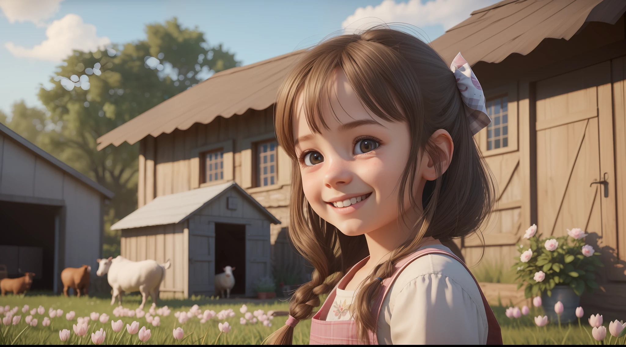 a beautiful and smiling girl, in a small farm with animals, in the countryside, spring day, pixar style, hyper realistic, cinema 4d, unreal engine 5