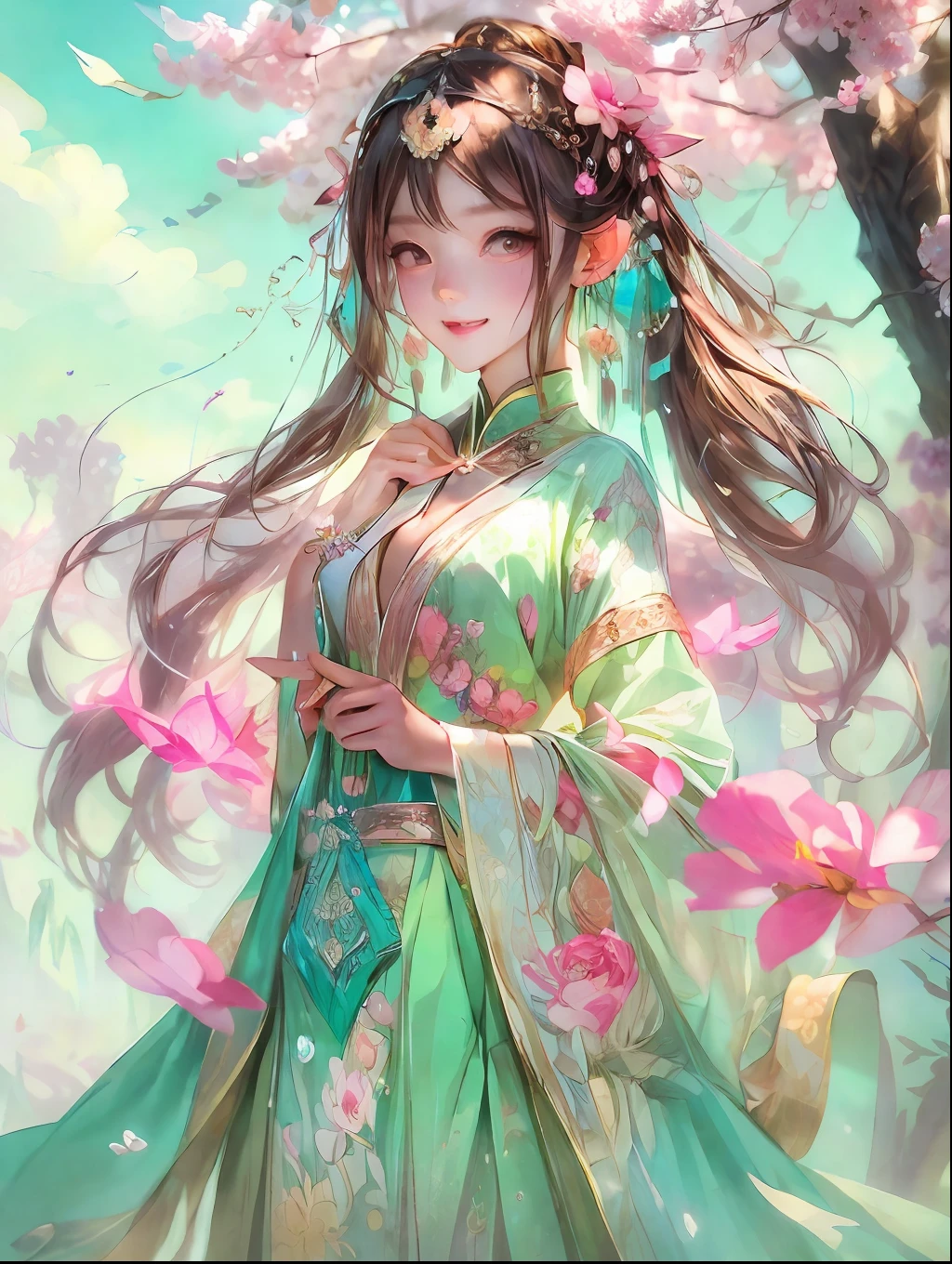 Highest image quality，tmasterpiece，Beautiful CG，crystal，Pink apricot blossoms anthropomorphize，Delicate and beautiful face，beautidful eyes，aquarelle、Splash ink、chinese paintings、brown crystal eyes、Long hair in period costume、long  skirt、Period costumes、Delicate apricot hair accessories，Broken glass、Crystal mine、Golden apricot flower、Golden petals、high light，The petals wither and fall off，Rich in graphics、Absolutely beautiful，Attractive cleavage，Impeccable，Dreamy retouching、ultraclear，k hd、8K（Yangchun March，Beautiful woman flying kite，Song dynasty women's clothing，Pantone color aqua green crystal，Comb well，Lively and agile，Smiling like a flower，Light and flowy，Chen Di Qili Youchun Road，playing and flying kites，Grow apricot blossoms）Mountain village water pavilion，Vista standing painting，rays of sunshine