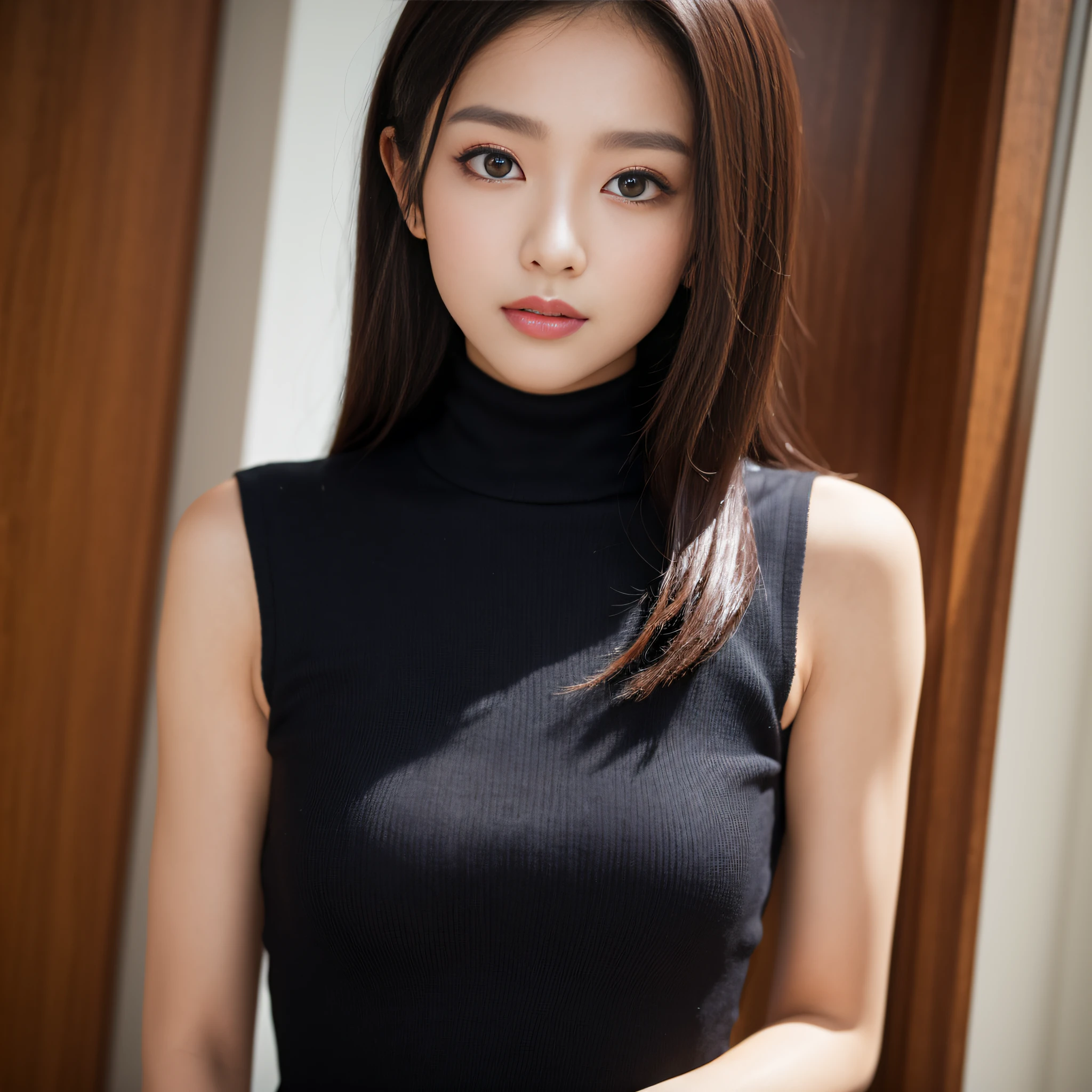 ((best qualtiy、8k masterpieces:1.3))、foco nítido:1.2、(ultra beautiful faces:1.0)、(shinny skin:1.0)、photos realistic、A dark-haired、Video Lighting、High-definition eyes and face、Video Lighting、(Korean Cute Actress)、from the front side、medium breasts、ssmile、Sleeveless、Slender Abs Beauty、(medium-full shot: 1.3)、turtle neck